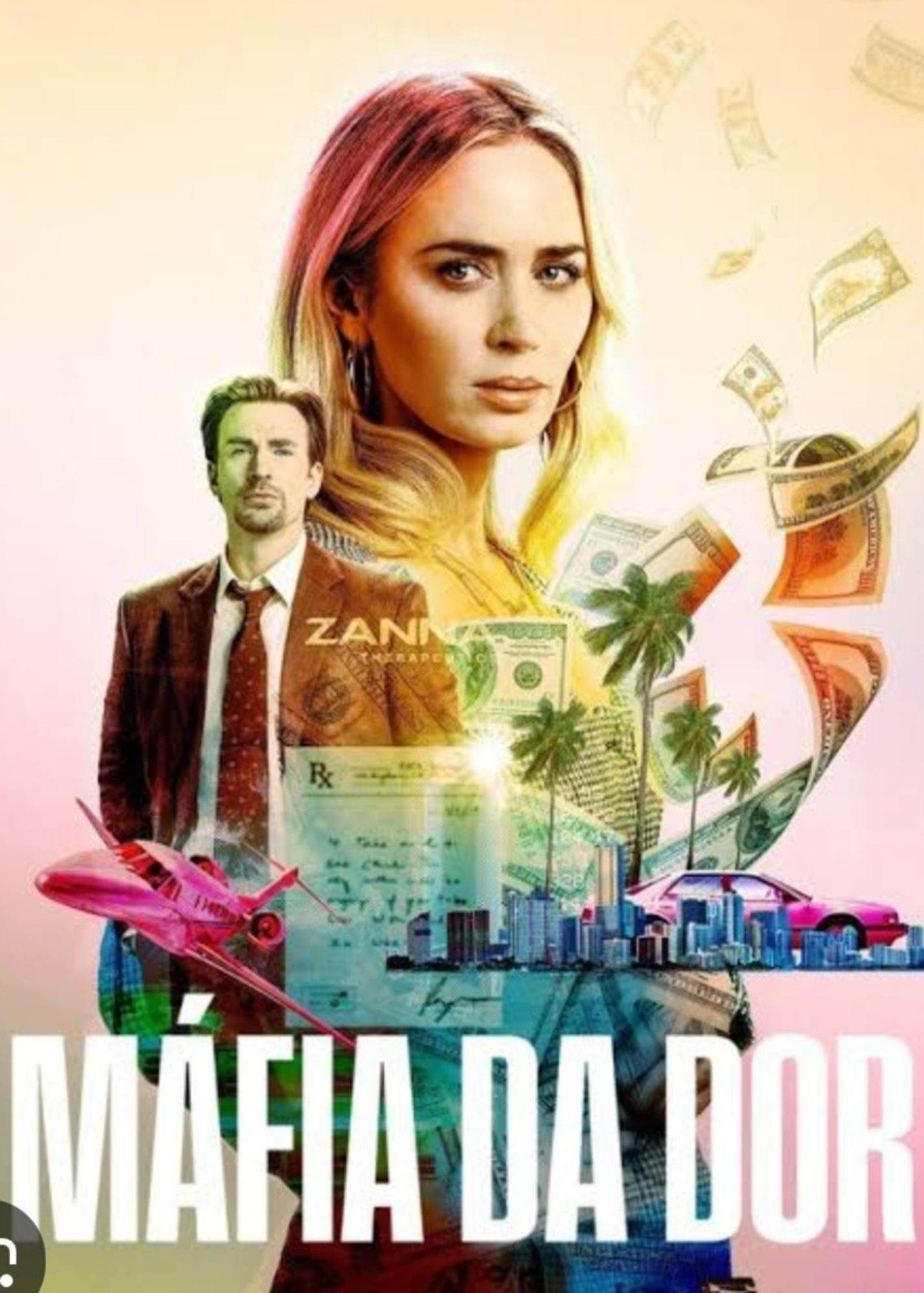 Poster do filme "Máfia da dor" em tons de rosa, com a atriz Emilyblunt em primeiro plano e Chris Evans ao lado dela