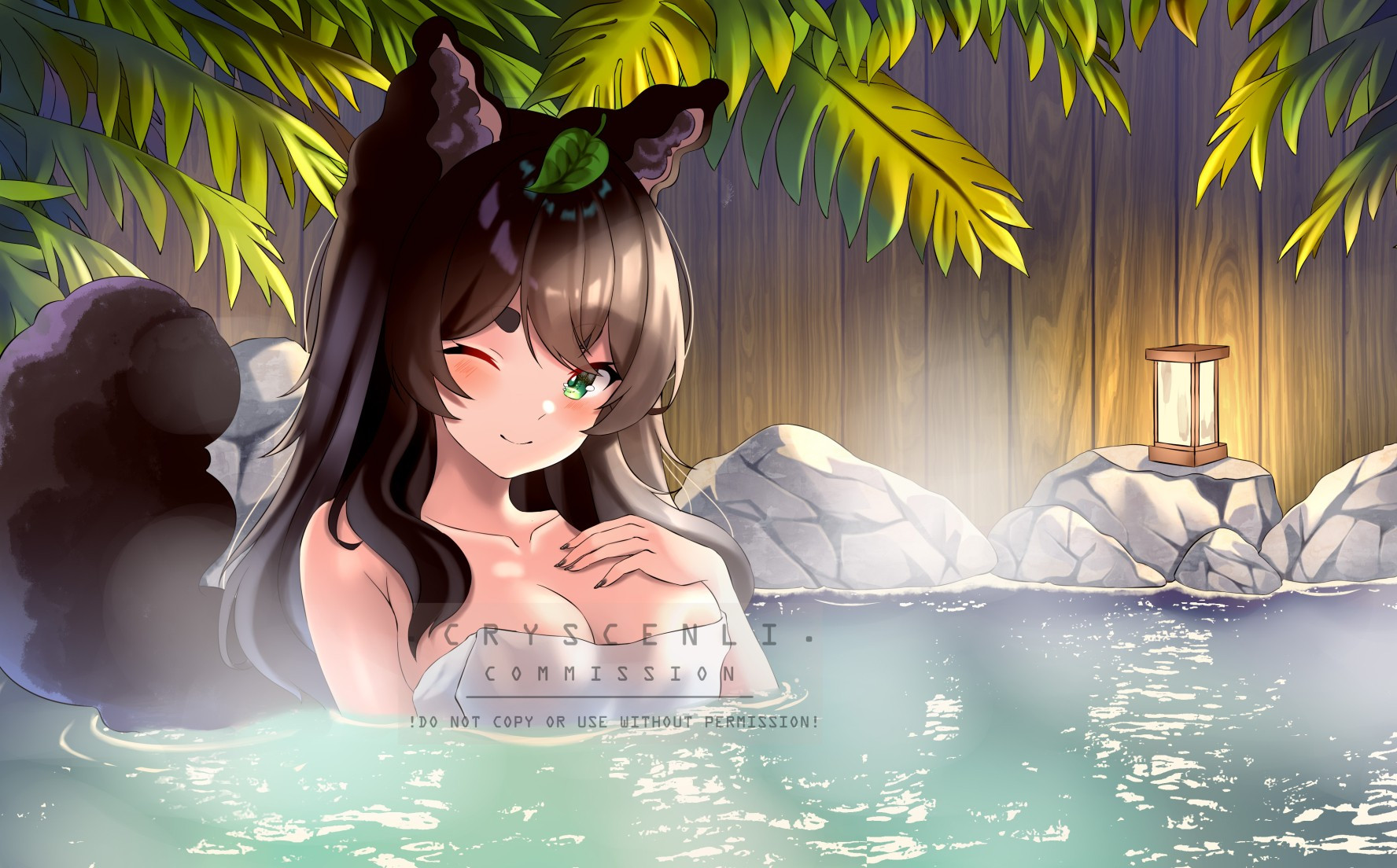 cute girl bathing in an onsen 🧡 (commissioned art) 