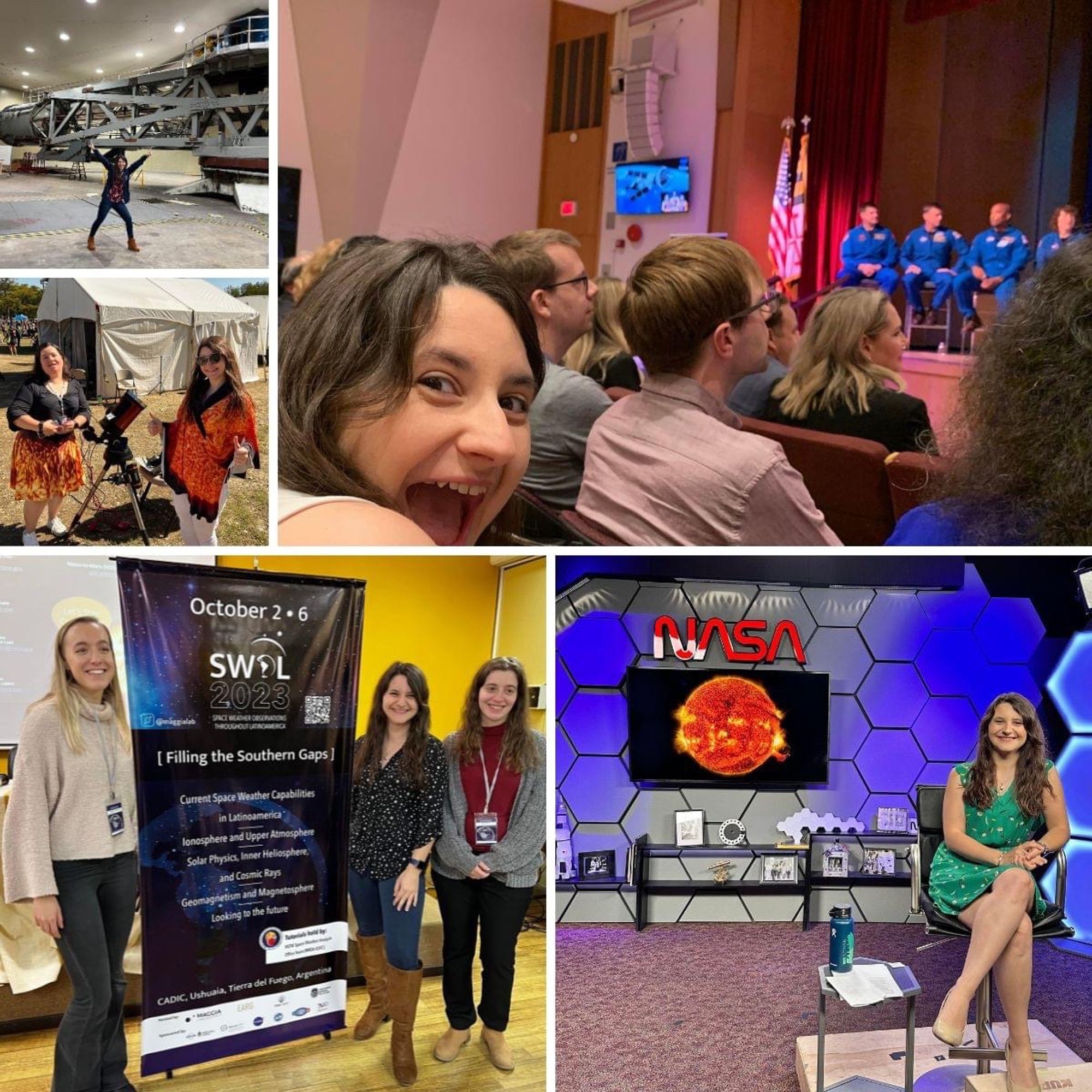 A collection of 5 photos showcasing multiple opportunities I've been a part of this year with the Moon-to-Mars (M2M) Space Weather Analysis Office. Top left is a picture of myself with the centrifuge at NASA Goddard. Below that is a picture of myself and Kat by her telescope during the annular eclipse in Kerrville, TX. Top right is a picture of myself looking silly-excited at an event at Goddard with the ARTEMIS II crew. Bottom left is a picture of myself with two coworkers following the successful end of providing two days of tutorials at the Space Weather Observations throughout Latinoamerica conference in Ushuaia, Argentina. Lastly, bottom right is a picture of myself in the NASA live studio following a day of Summer Solstice interviews with news stations across the USA.