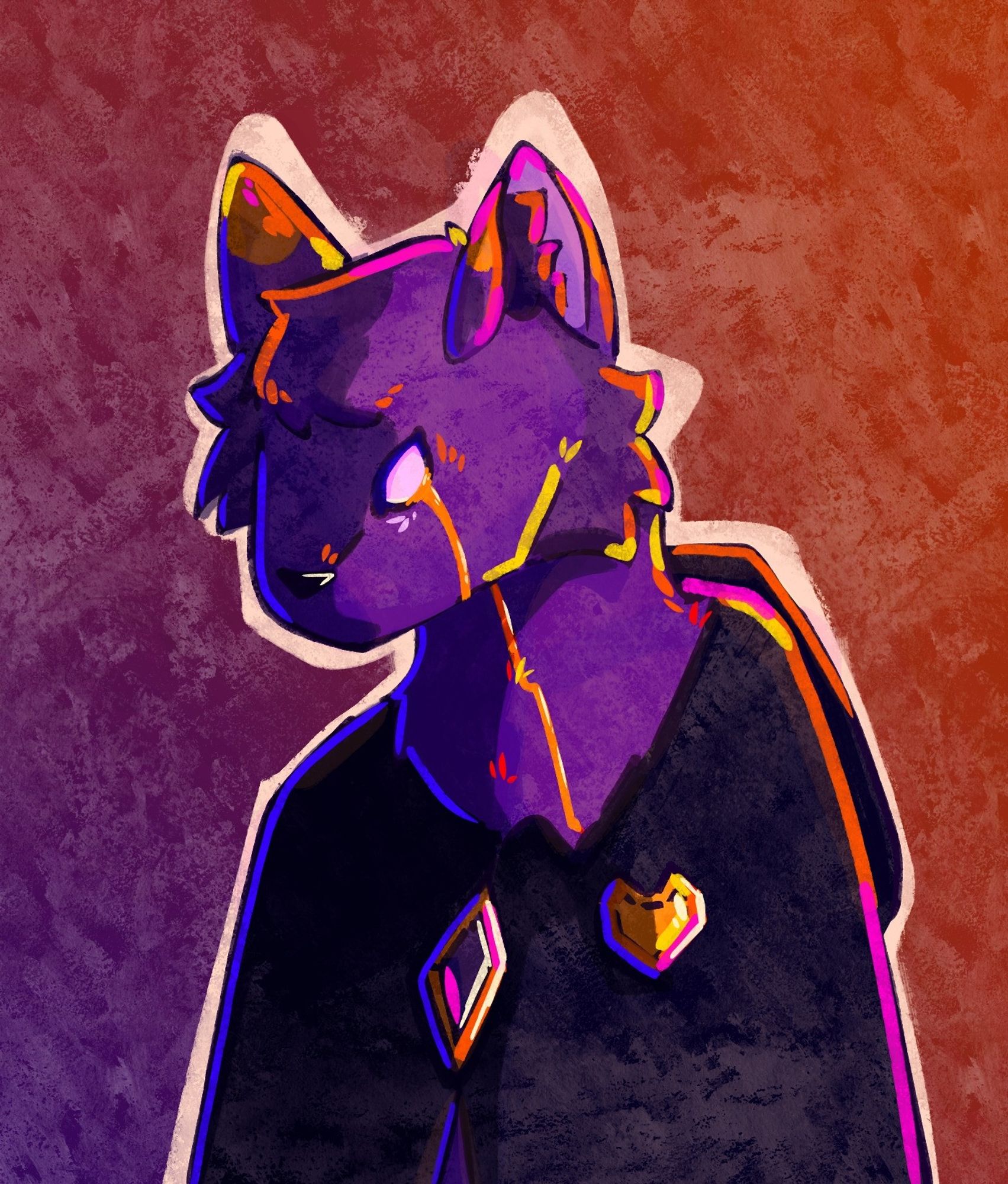 Drawing of Vitalasy; a purple fox wearing a cloak