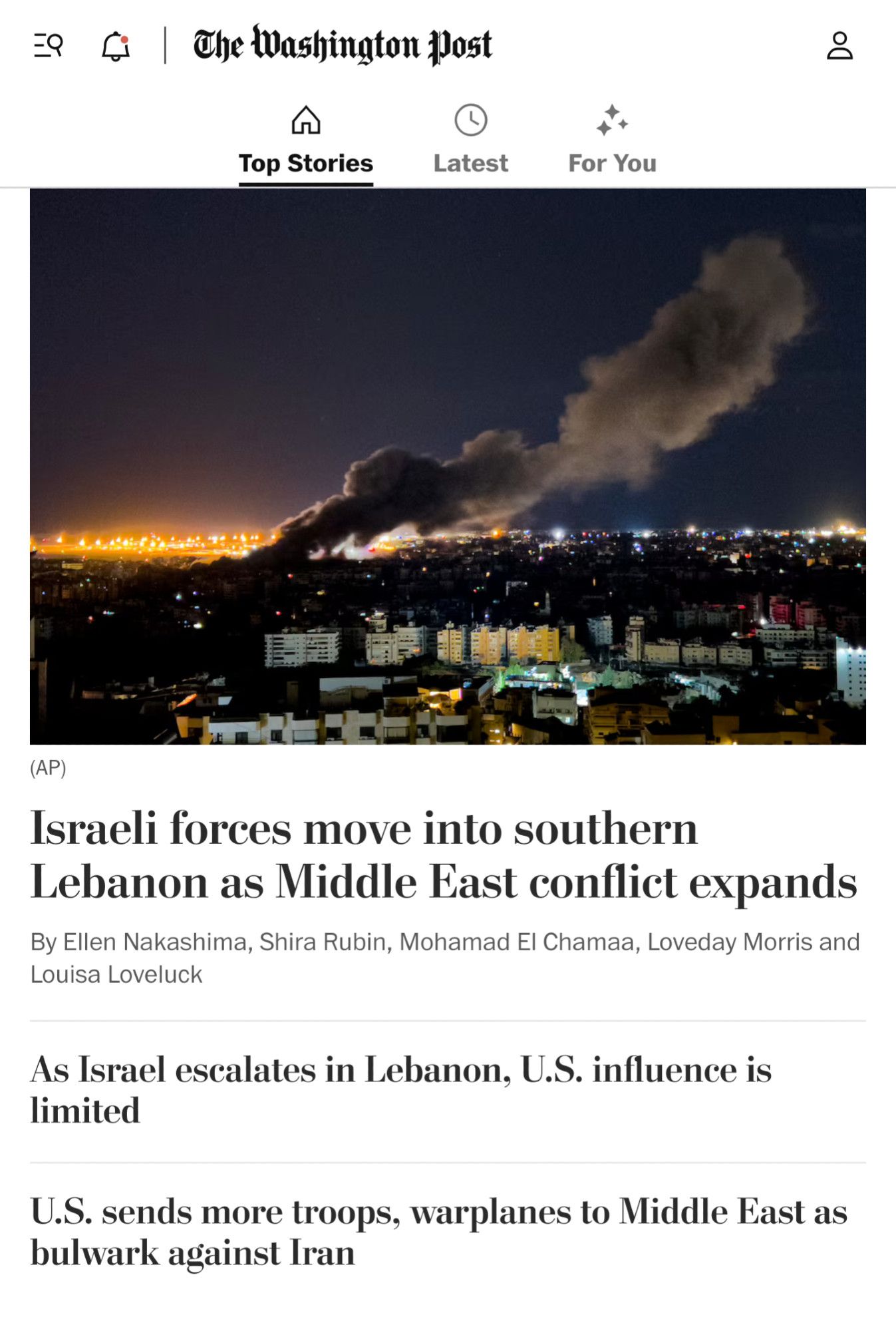 Washington Post headlines. The two relevant ones are "as Israel escalates in Lebanon, US influence is limited." And also the headline "US sends now troops, warplanes to middle east as bulwark against Iran"