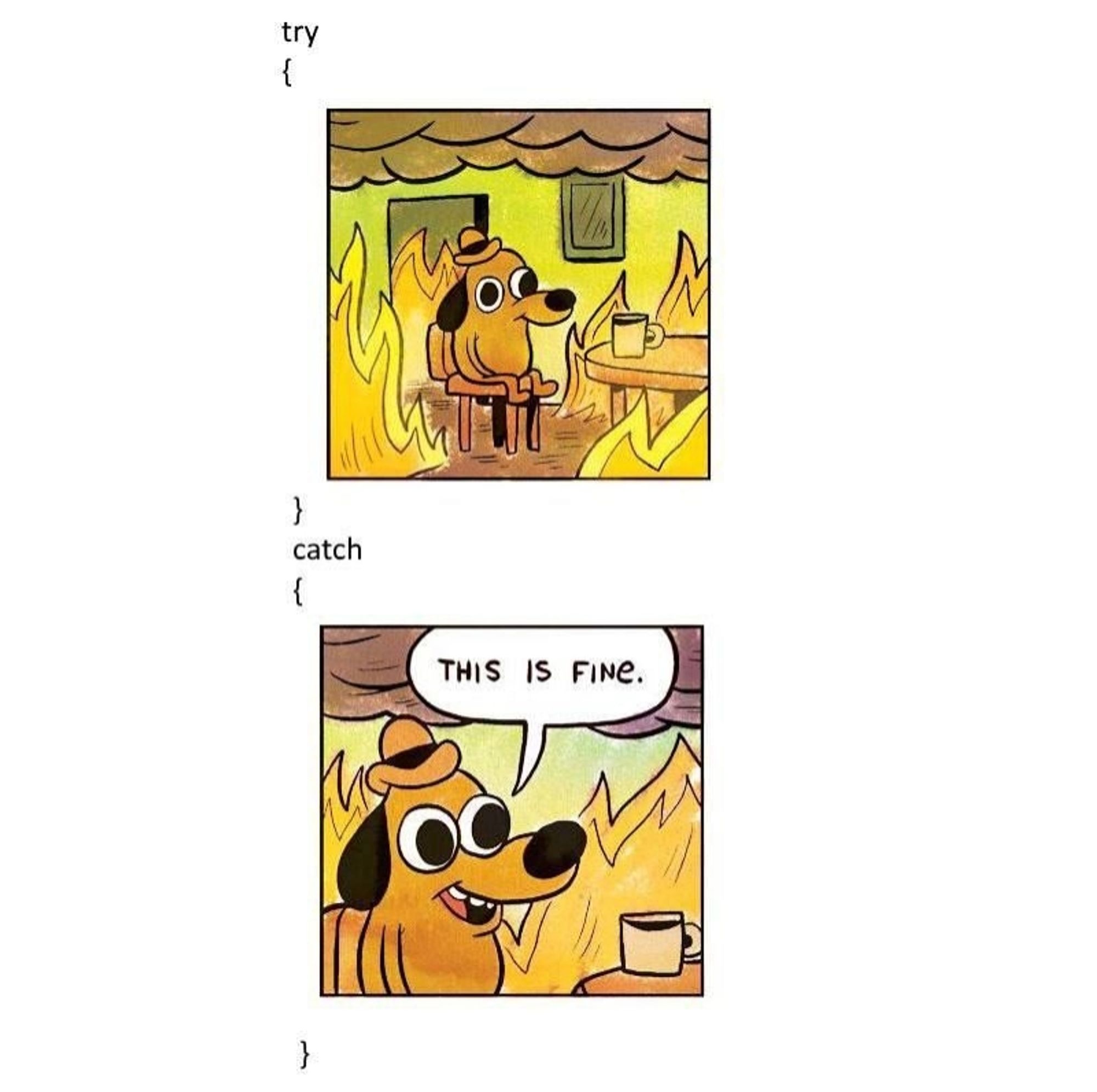 a meme of the "this is fine" dog between a try/catch block