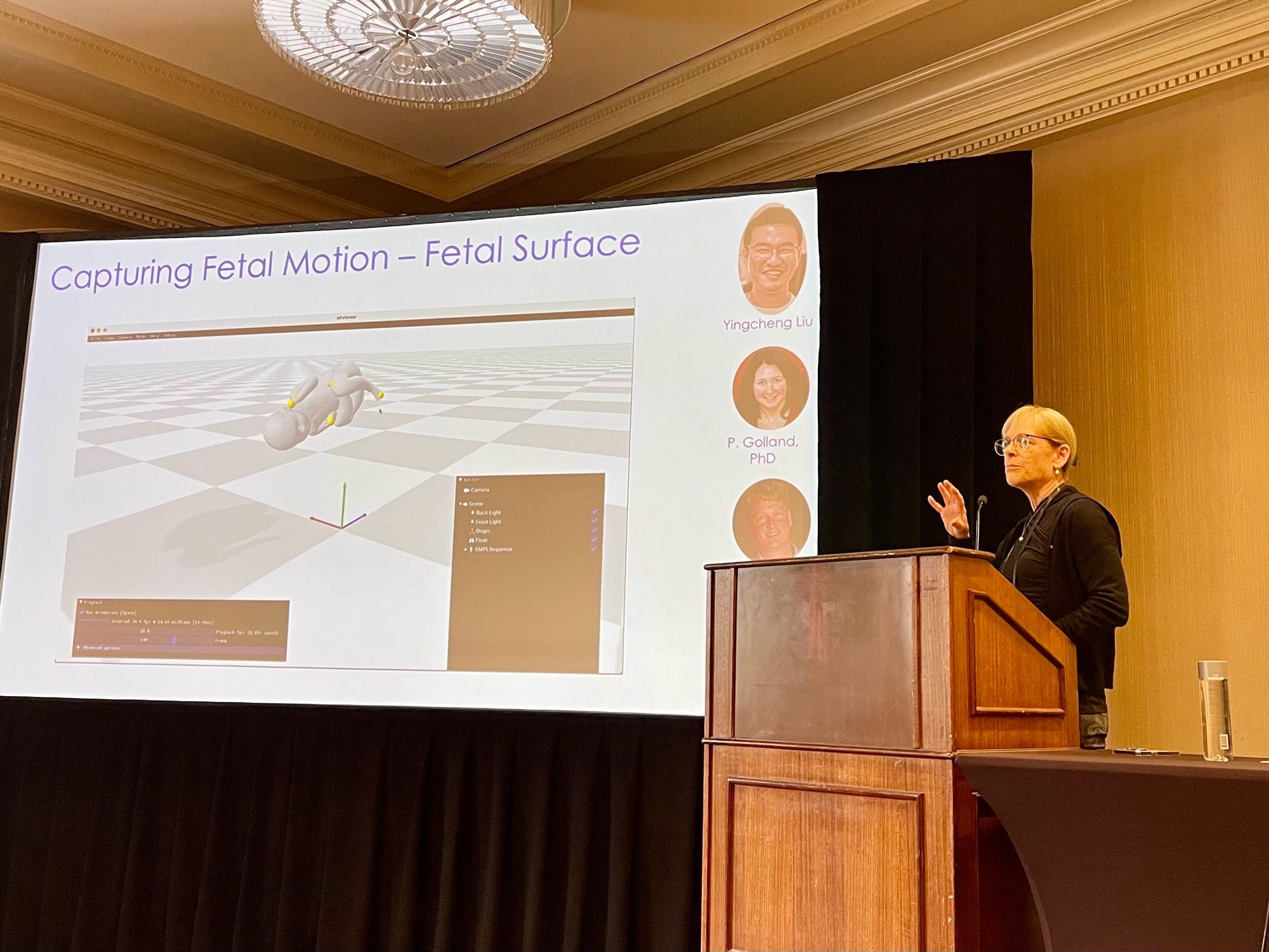 Professor Ellen Grant speaking in a conference room. Behind her the slide is titled Capturing Fetal Motion and displays a 3D rendering of a fetus