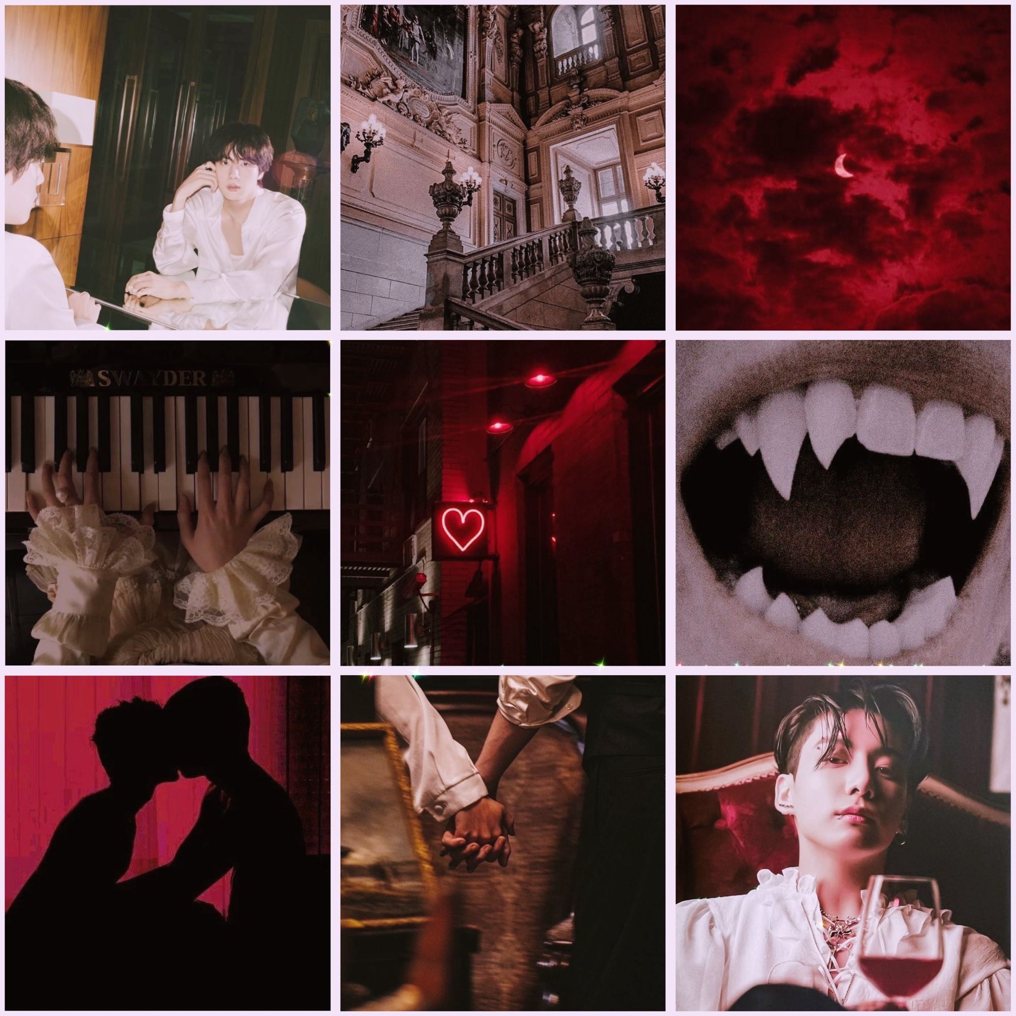 Image is a 3x3 moodboard with a photo of Jin wearing white and looking into a mirror in the top left, the inside of what looks like an old mansion or palace in the top center, an edit of a red tinted cloudy sky in the top right, a pair of hands playing the piano in the center left, an edit of a red neon heart sign outside a building in the center middle, a vampire’s open mouth showing their teeth in the center right, a red tinted silhouette of two people kissing in the bottom left, a close up of two people holding hands while walking in a parking lot in the bottom middle, and a photo of Jungkook in his vampire photoshoot holding a glass of red liquid.