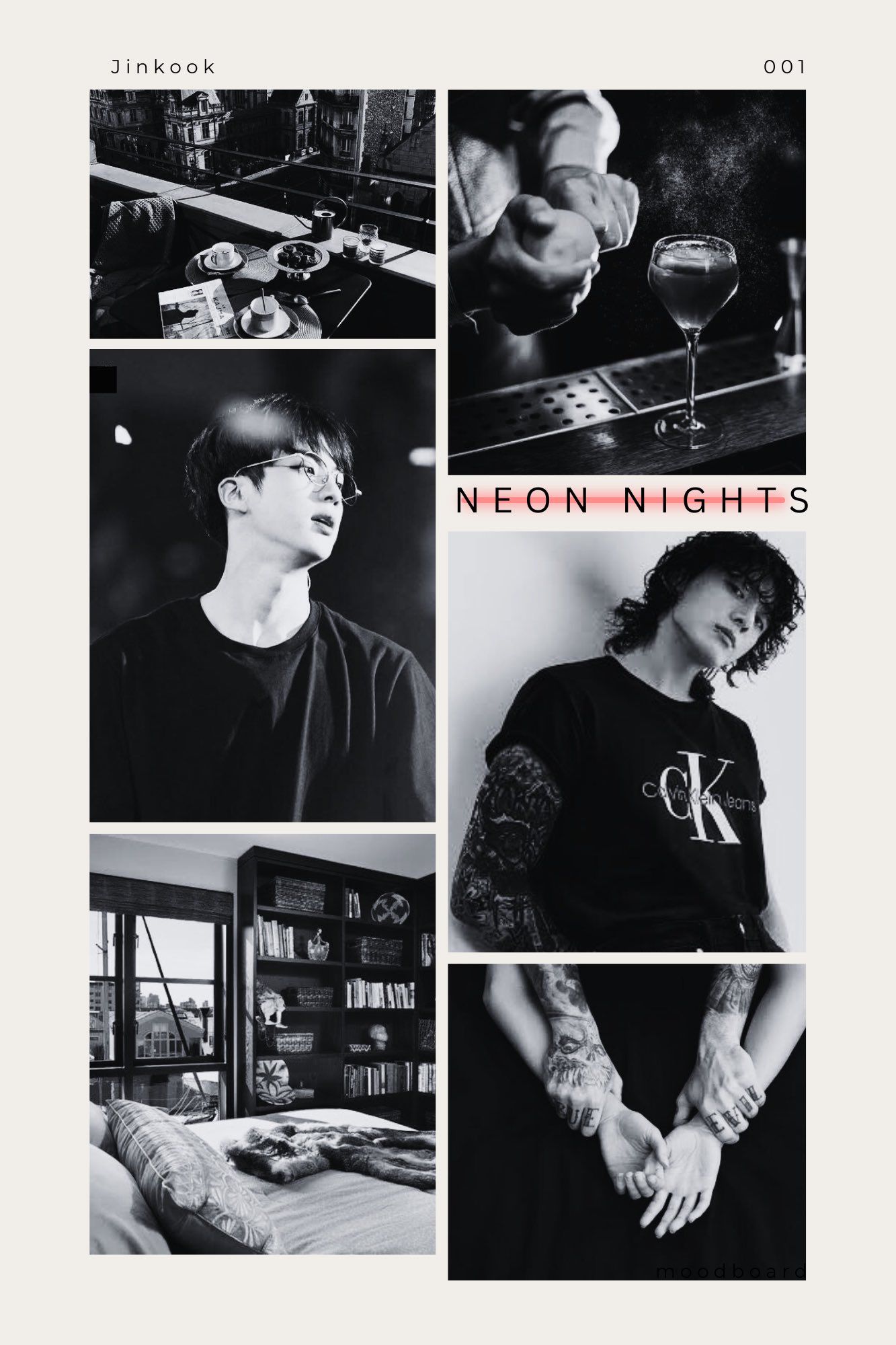 Image is a collage of black and white photos:

An outdoor meal on a balcony overlooking the town


A closeup of a bartender making a cocktail

Jin wearing glasses at a concert

Jungkook in a short sleeved Calvin Klein shirt with wolf cut and tattoos on display

A bedroom with a window to the left and a large bookcase 

Two people’s hands. The top pair of hands are tattooed and are holding the bottom pair above their head.