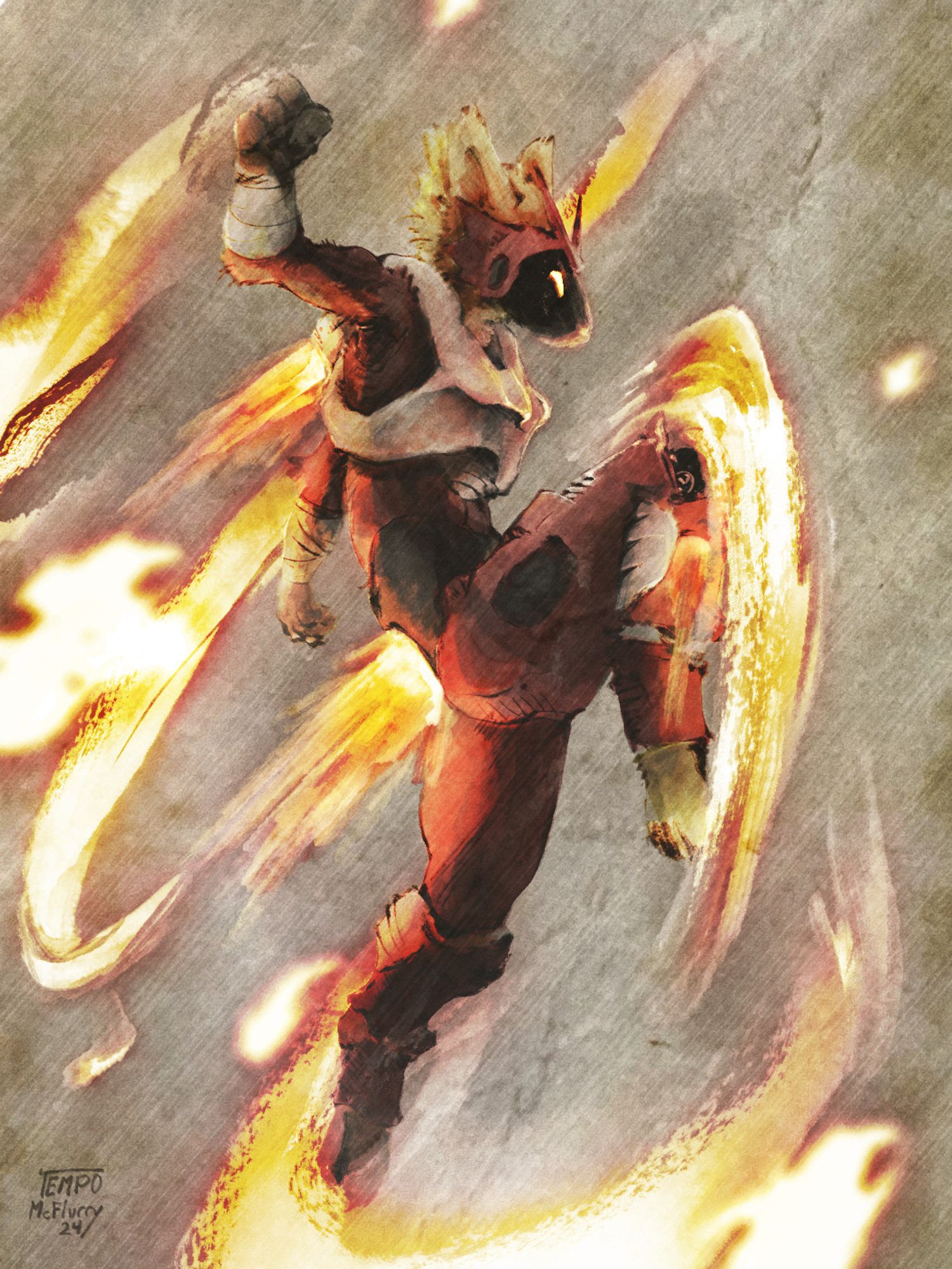 Drawing of a Blaziken from Pokemon as a protogen performing a flying knee, with streaks of fire swirling around