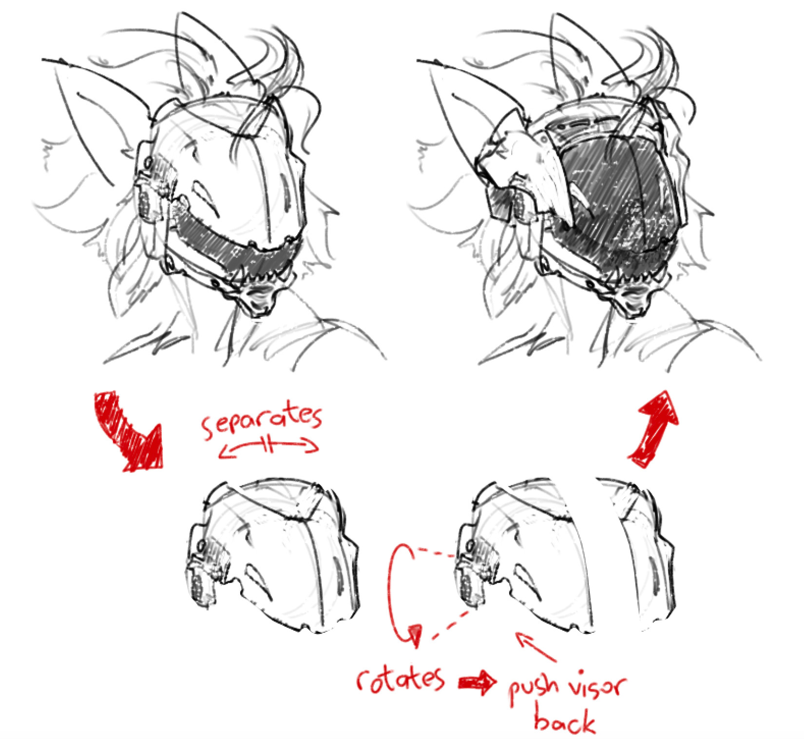 Concept art of how the mechanics of a Protogen Raiden's visor would reveal or conceal the face