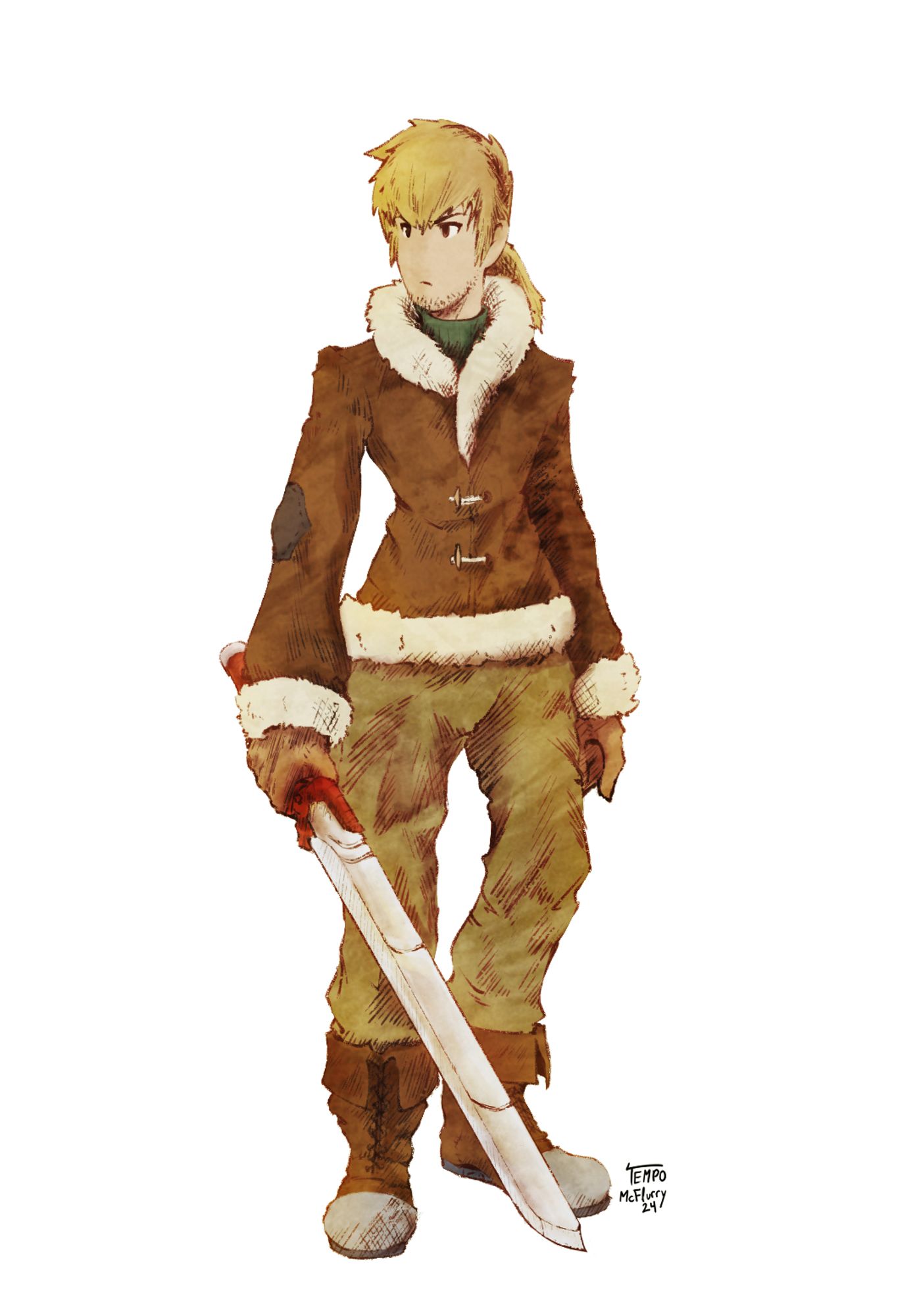 Drawing of Luke from the Shelter visual novel, in the art style of Final Fantasy Tactics. Luke is standing idly with a sword in hand