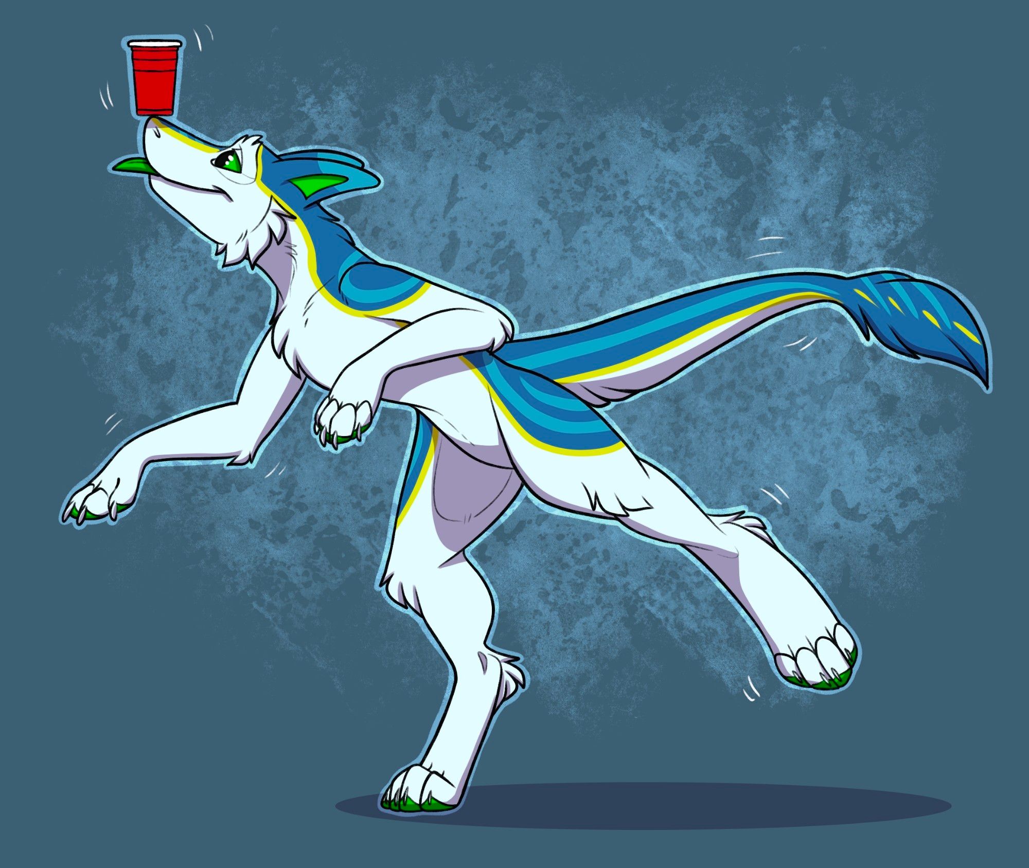 Full-body shaded image of blue-white wolfsergal Arc struggling to balance a red solo cup on his massive snoot as a party trick