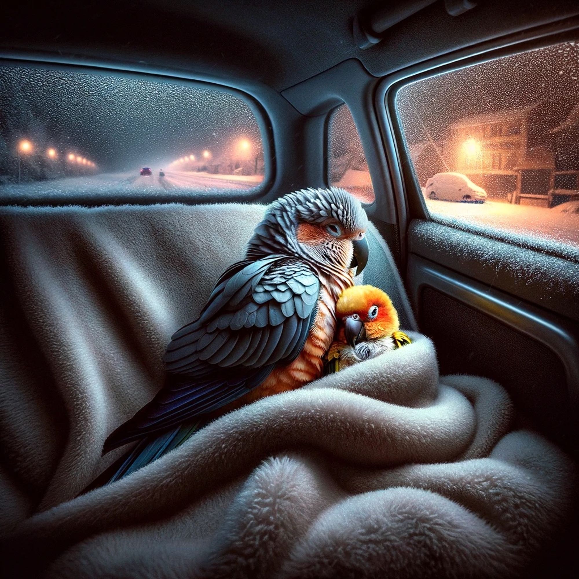 A parrot and child huddled together for warmth in their car on a snowy night. 

Bitter cold temperatures shouldn't require a bitter attitude about zoning laws. Allowing transitional housing in, next to, or near light industrial parks can solve most homeless problems for all but those unable to work. This week's flight of articles is about Quick SET Transitional Housing zoning changes. Hyperpartisan parrots are great fans of NIMBY.