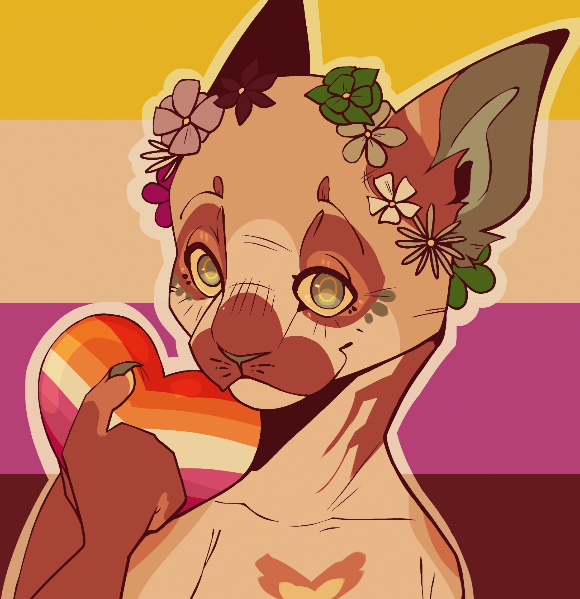 Drawing of a mostly biege anthro sphynx cat looking at the camera from the shoulders up, holding a heart with the lesbian flag on it. There are flowers wrapped around their ears, one side resembling the asexual flag and the other the greyromantic flag. The background is the nonbinary flag. There is a warm filter over it all.