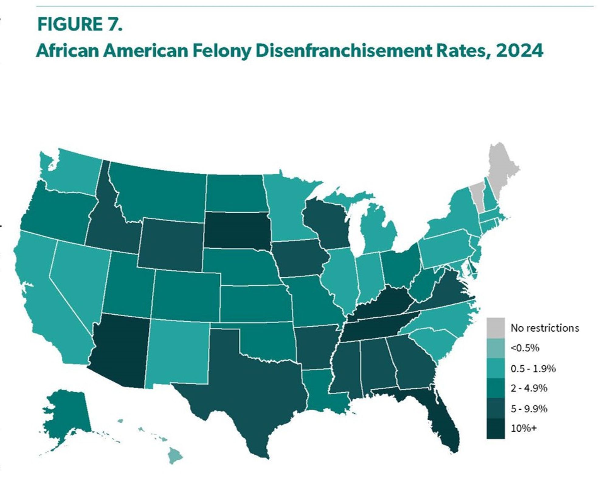 Figure 7. African American Felony Disenfranchisement Rates, 2024

This U.S. map illustrates African American felony disenfranchisement rates by state in 2024, with varying shades. The map indicates that Southern states have particularly high disenfranchisement rates for African Americans.