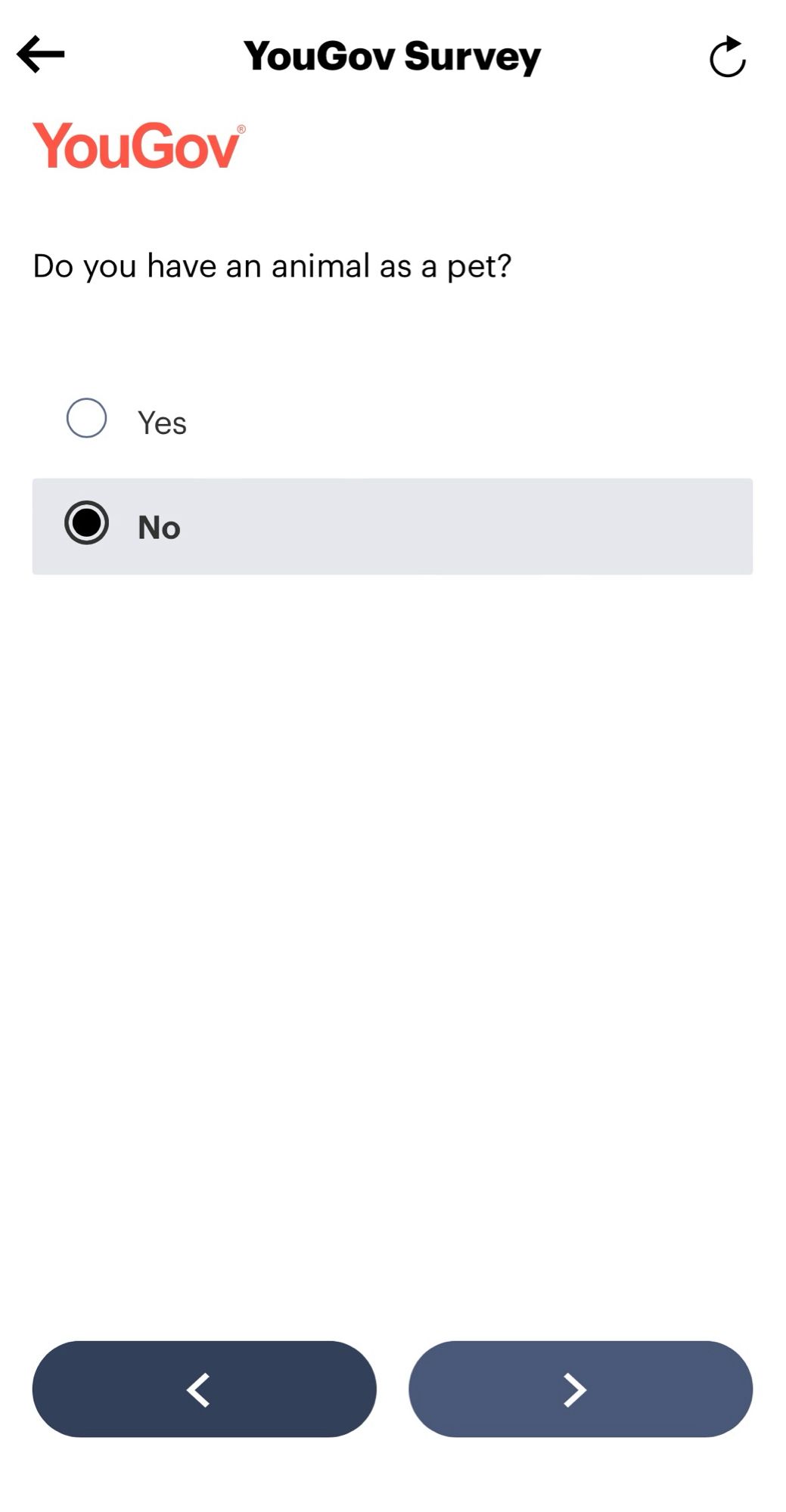 YouGov survey question, "Do you have an animal as a pet?" with Yes or No as response options.