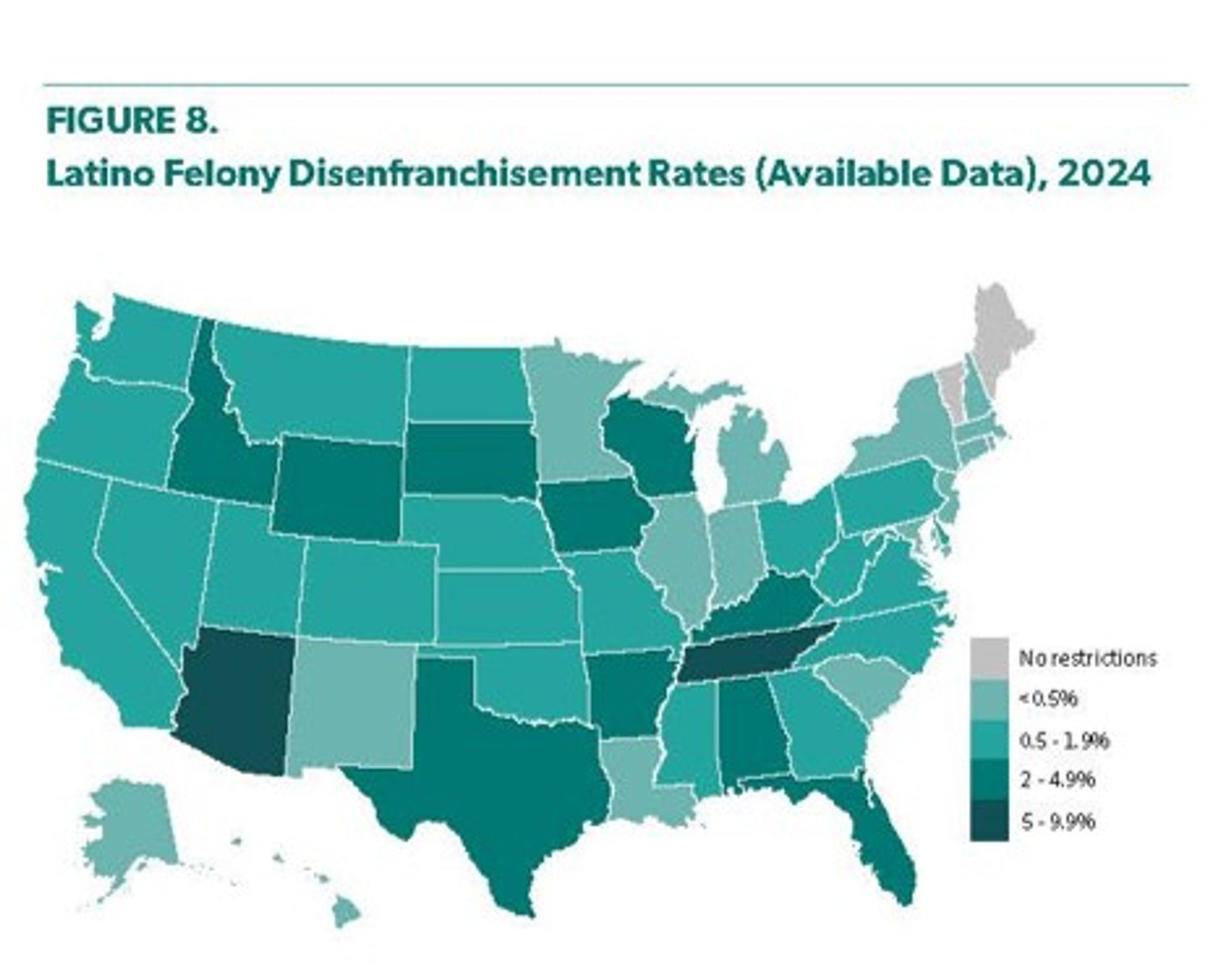 Figure 8. Latino Felony Disenfranchisement Rates (Available Data), 2024

This U.S. map displays Latino felony disenfranchisement rates by state in 2024, where data is available. The states are color-coded. The map shows varying levels of disenfranchisement, with some concentration in the South and Southwest.