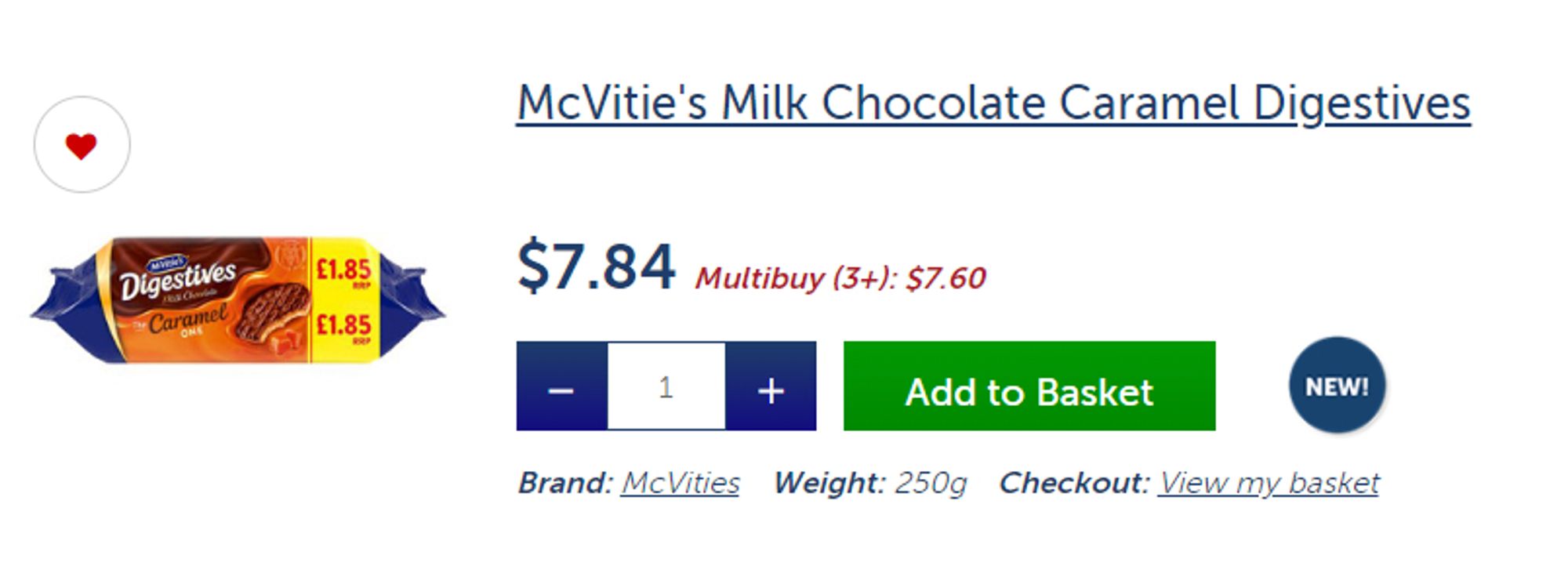 A website item listing showing McVitie's Milk Chocolate Caramel Digestives. The price shown on the item itself is £1.85 but the price the website charges is $7.84.