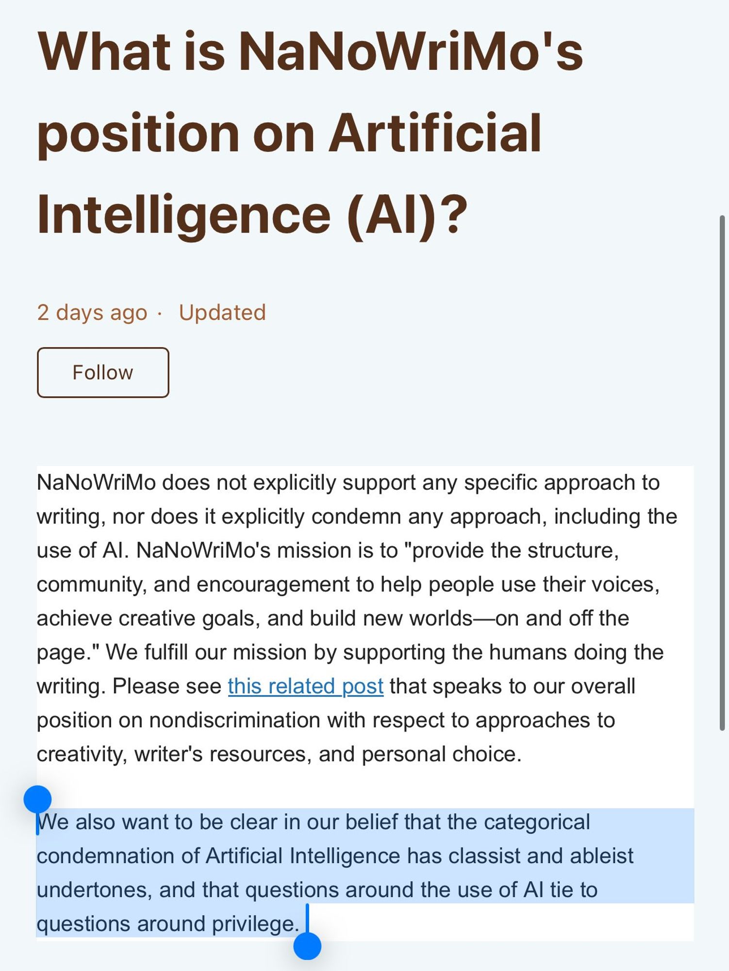 Post from NaNoWriMo management claiming that being against or condemning that use of AI in writing "has classist and ableist undertones, and that questions around the use of AI tie to questions round privilege."