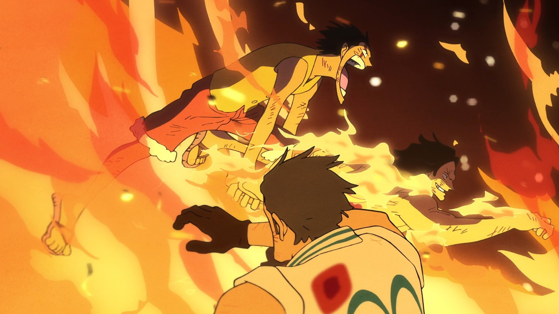 A screenshot of a scene from One Piece fan letter. The image is of Luffy and Ace jumping through fire passed an injured marine who was inspired by Luffy.