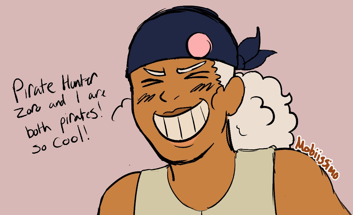 A picture of Kira flashing a big giddy smile with his eyes closed, he's excited. To the left of him, there is dialog of him saying, "Pirate Hunter Zoro and I are both pirates! So cool!"