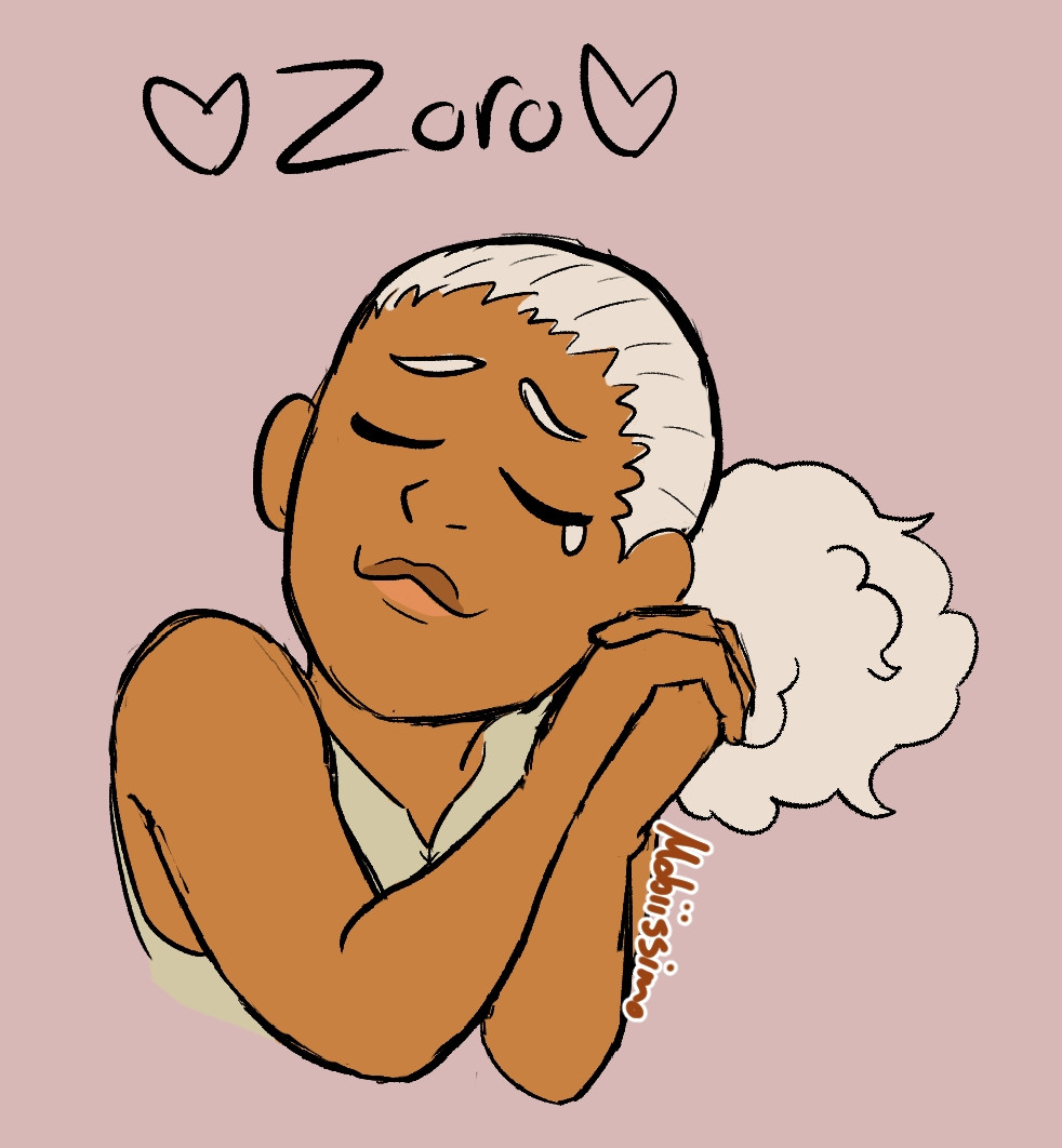 Another picture of Kira only this time without his bandana on. He is clasping his hands together to his cheek. His eyes are closed blissfully, and he makes a pursed cat smile while he thinks "Zoro" with two little hearts surrounding the word.