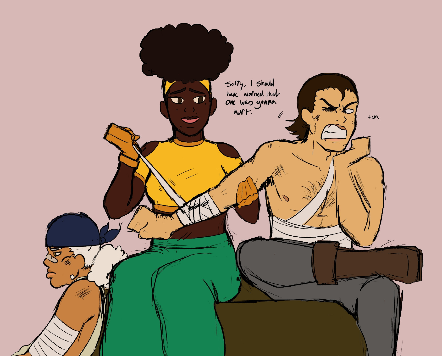 A picture of Vida caring for a shirtless and injured Monroe who is sitting to the left of her with his right foot resting on his left knee, winching at the pain as she tightens a bandage on his arm. Kira is on her right side below her sitting on the floor facing away from them and pouting as he has just been cared for by Vida as well.
She is saying to Monroe, "Sorry, I should have wanted that one was gonna hurt.