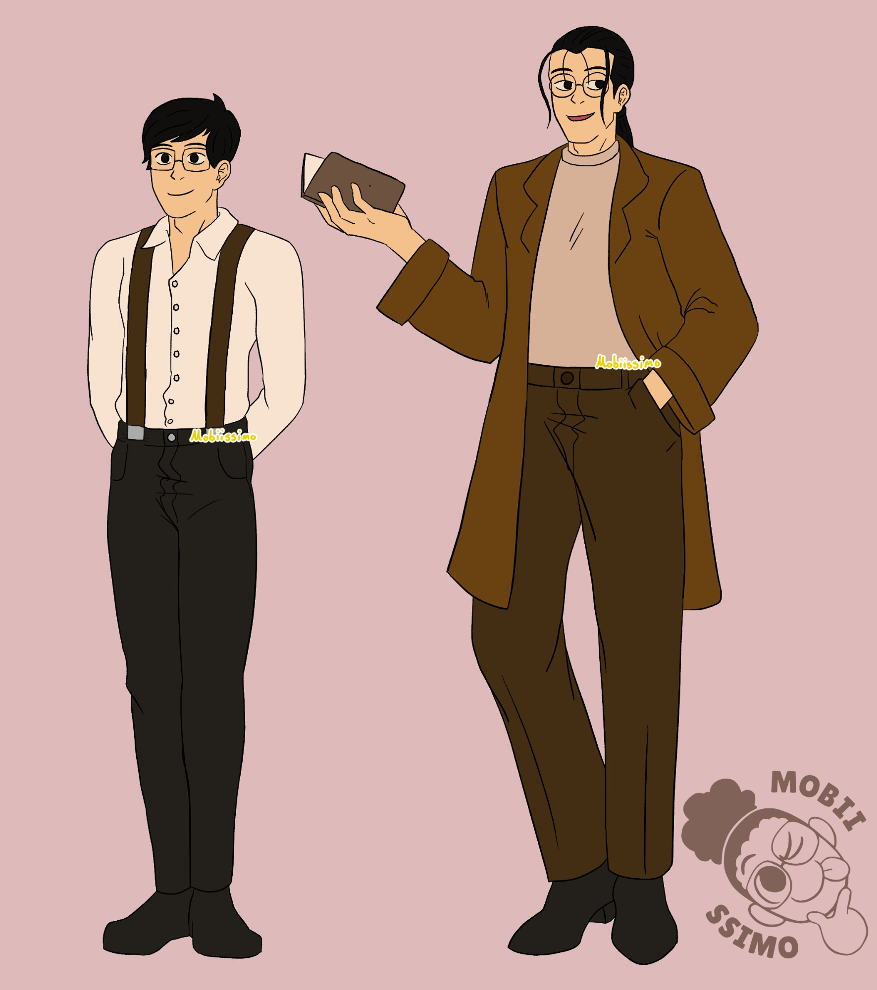 Character design for first mate Pierce. The left design (pre timeskip) Pierce is wearing square glasses with a white button-up long sleeve with brown suspenders and black pants and shoes. His hands are behind their back, and he standing straight up. In the right design (post timeskip), they are standing with a book in his hand, and the other is in his pocket, his right leg id bet outward slightly. He had long hair that is tied back in a ponytail aside from a few strands of hair. His glasses are now circular, and his expression is a lax smile. Pierce is wearing a brown long sleeve coat with a beige shirt underneath, brown pants, and pointed dress shoes with a slight wedge.