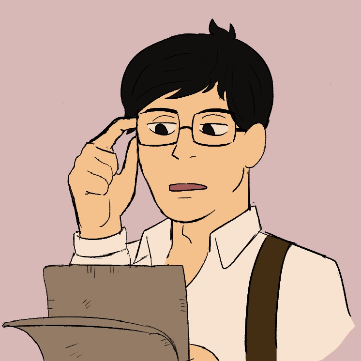 A drawing of Pierce pre timeskip, shoulder up, looking through two brown tattered papers in his left hand. With his right hand, he is adjusting his glasses from the handle. He looks focused but uninterested.