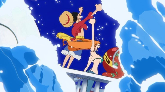 A screenshot from the One Piece Fan Letter episode. The image is of Luffy and Nami lifting their arms and shouting as waves rush passed. Franky's robot shoulder is poking out from one of the waves in front of Luffy and Nami