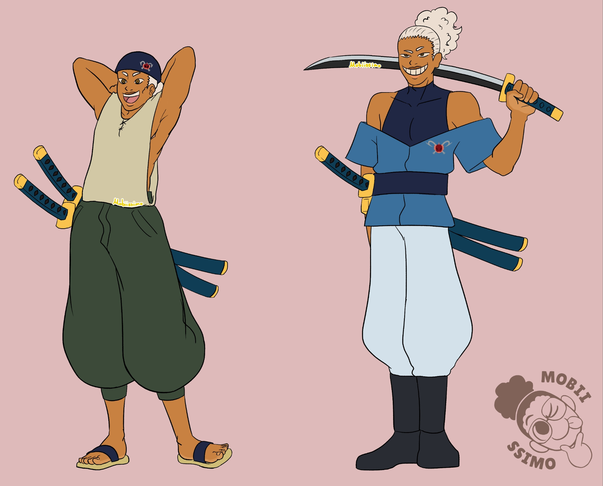 Character design for Kira. For his Pre timeskip design(left), he is light skinned with white hair wearing a blue bandana, and he is flashing a carefree smile. His arms are over his head and behind his back. Kira is wearing a beige open side tank top with baggy green shorts and blue slide sandals. On his waist, there are two blue twin blade swords hoilstered.

For his post timeskip design (right), Kira is giving a cocky smirk while holding on of his twin swords behind his head, blade unsheathed. He is wearing a dark blue form fitting sleeveless athletic top with a high collar, underneath a muted blue off shoulder top with a small fringehead pirate Jolly Roger pin attached to it. For his bottoms, he is wearing light blue baggy pants with cave high black boots.