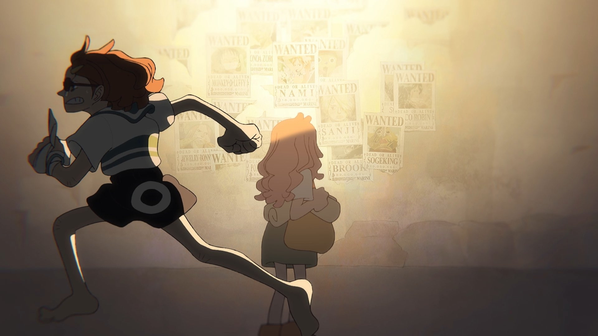 A screenshot from the One Piece Fan Letter episode. It's a picture of a girl that is dressed similar to Nami running with no shoes past a younger version of herself with longer hair when she first saw Nami's wanted poster for the first time