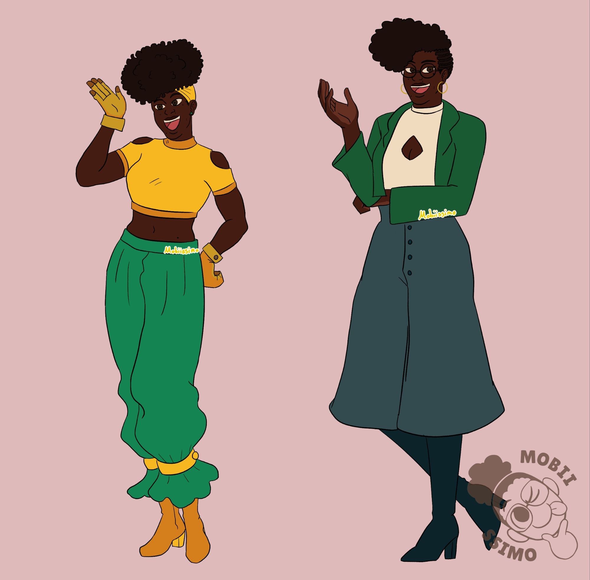 Character designs for Vida the Fringehead pirate Doctor
Pre timeskip design (left)
Vida is a dark skinned woman with moles all over he face and on her stomach. Her hair is in a yellow wrap over her head, allowing for her curly 4c hair to sit on top of her head. Vida also has green circular earrings on. She is smiling and waving with her right hand and her left on her hip while her hip leans forward and left leg bent. Both hands are covered by orange gloves. Vida is wearing a yellow fitted short sleeved crop top with holes exposing both her shoulders. Her pants are a plant green, the bottom of her pant legs being held by two yellow straps which make the end of the pants firl out like flowers. She also has mustard yellow boots on with a small lighter yellow wedge to them.

Post timeskip design (right)
Vida is now wearing circular glasses and hoop earrings, and her hair has been braided from the back all the way up until the top of her head, in which her hair makes a big poofy Mohawk like form in the middle. Vida is wearing a white fitted shirt with a whole cut out where her cleavage is, and over it is a green long-sleeved cropped jacket. Her pants are gray blue, high waisted, and cuffed wide leg which are paired with blackish blue knee high heeled boots. She is posing with her right leg behind her left and her left arm holding up her her right, the hand opened as if she plans to explain something.