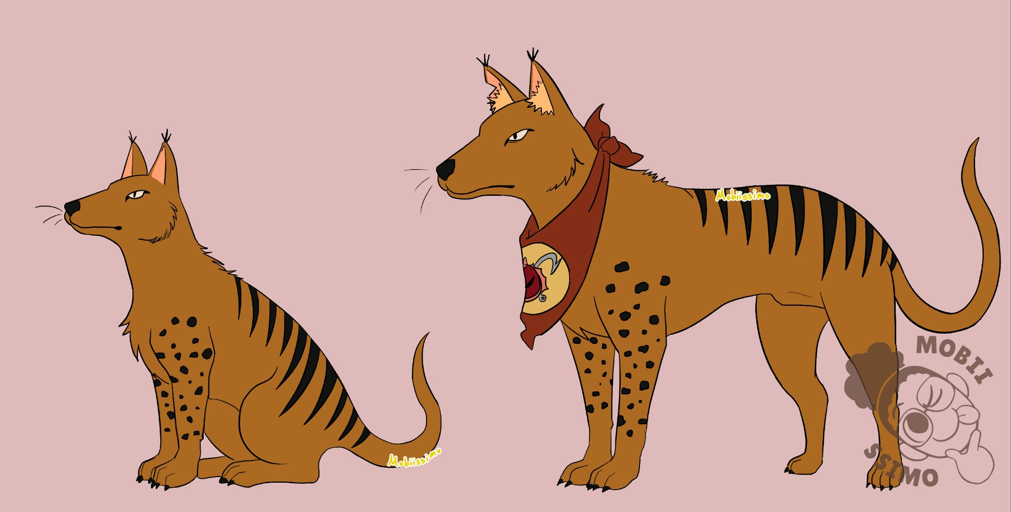 Character design for Roscoe
Roscoe is a brown animal in the shape of a Tasmanian tiger mixed with a few other animals. For his pre timskip design (left) he is on the smaller medium side his snout is average size and his ears are short with little tuffs of fur at the end of them like a lynx, his body is slender, his fur looking a bit ruffled and rugged at his chest and shoulders. Roscoe's front legs have Cheetah looking spots on them, and his lower back has the stripes of a Tasmanian tiger. His tail is also bent upward like a rat's tail.

His post timeskip design(right) looks the same as his first design, only slightly bigger, has thick fur lining his ears now, and he is wearing a red hankerchief around his neck with the Fringehead pirate Jolly Roger on it.