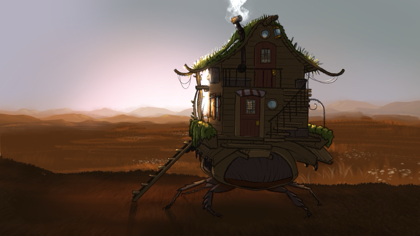 Cozy cottage on the back of a giant beetle at sunrise overlooking vast plains. 