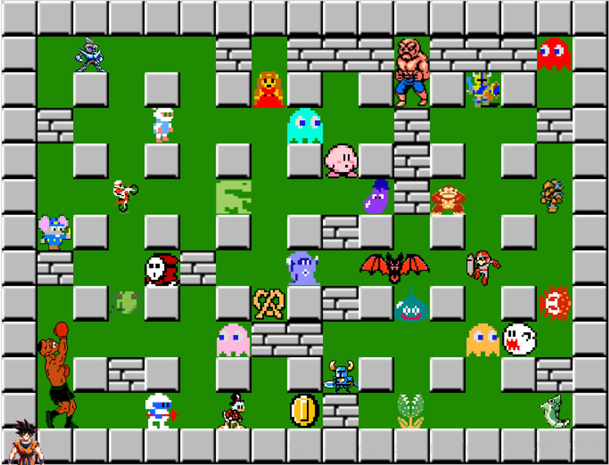 A Bomberman map with too many assorted sprites in it to list.  At least one of them is Protoman.