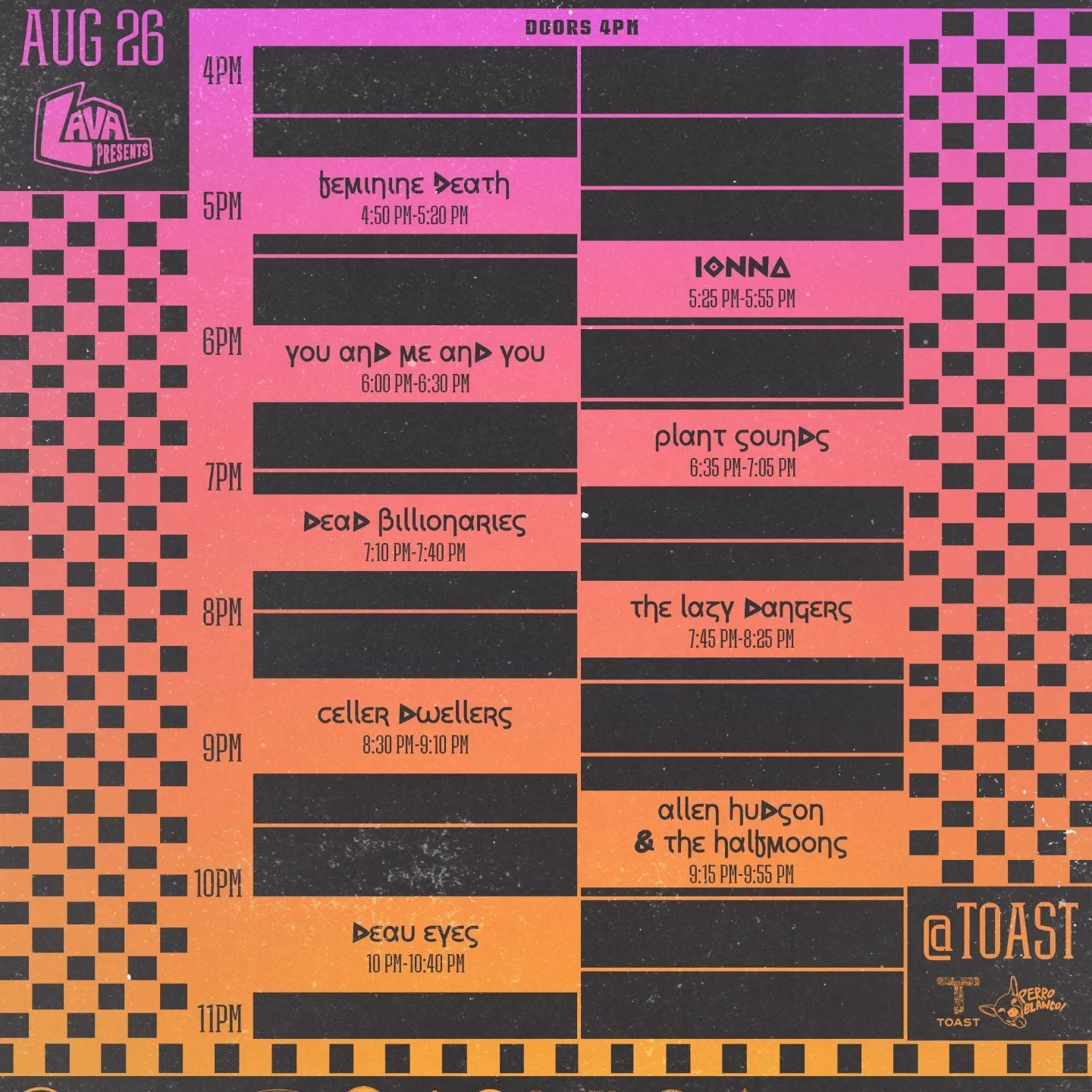 The schedule for lava minifest - notably Dead Billionaires is performing at 7:10pm on 8/26