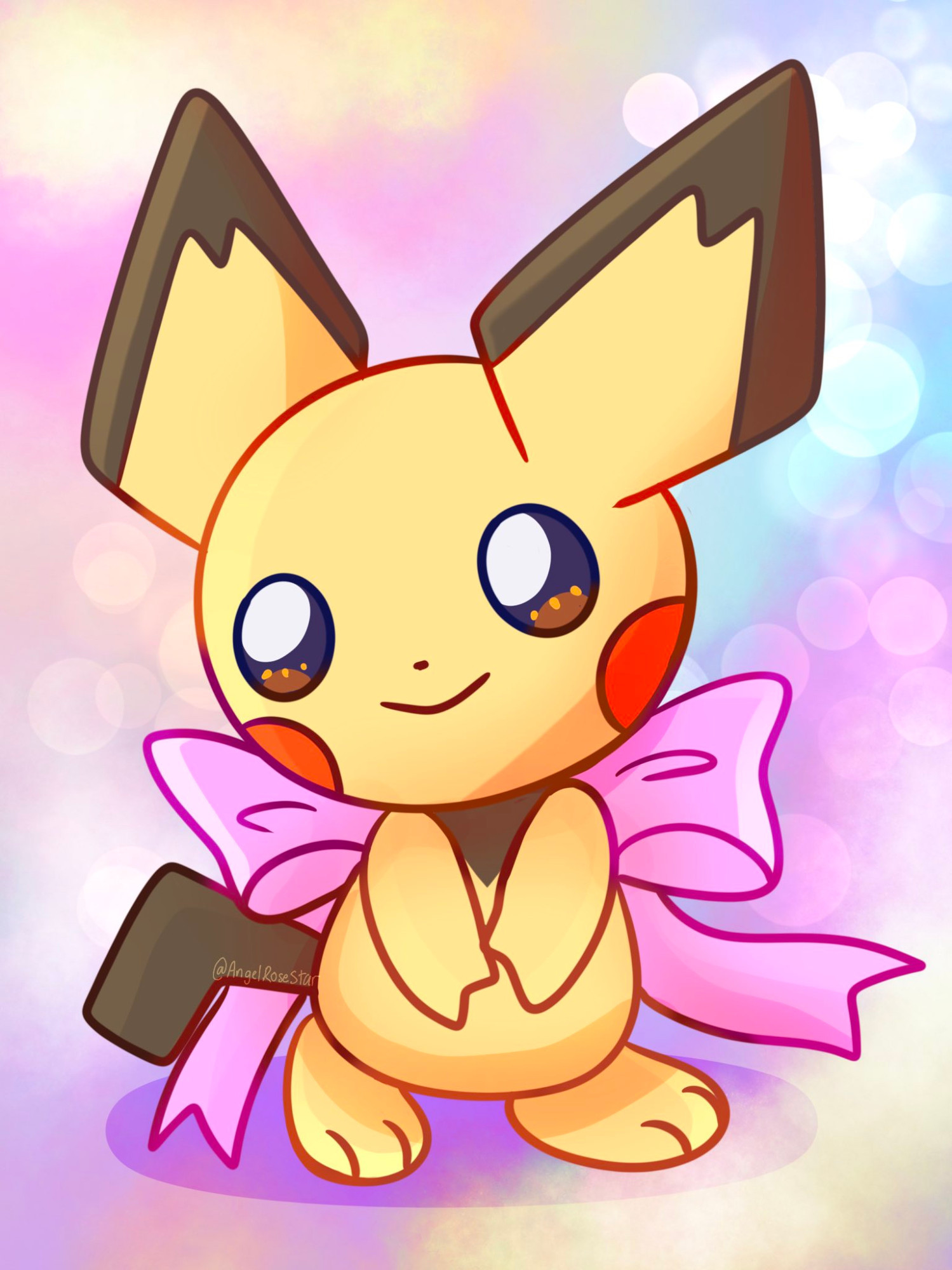 Pichu from pokemon with a pink bow in the back 