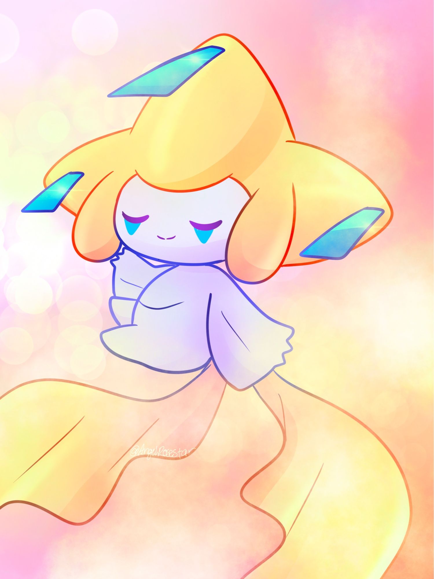 Jirachi from Pokémon with pink yellow sky on background