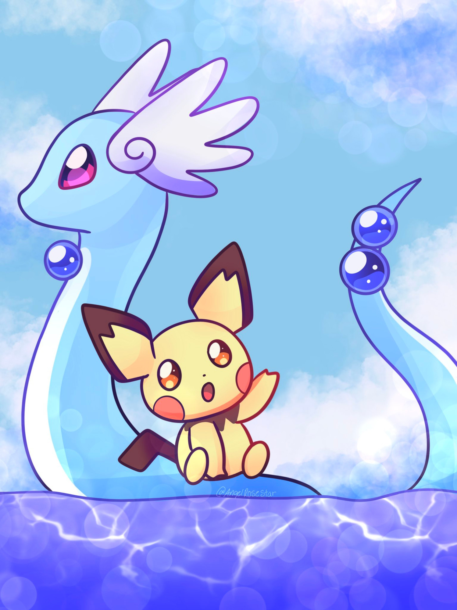 Dragonair and pichu from pokemon by the sea with blue sky and clouds