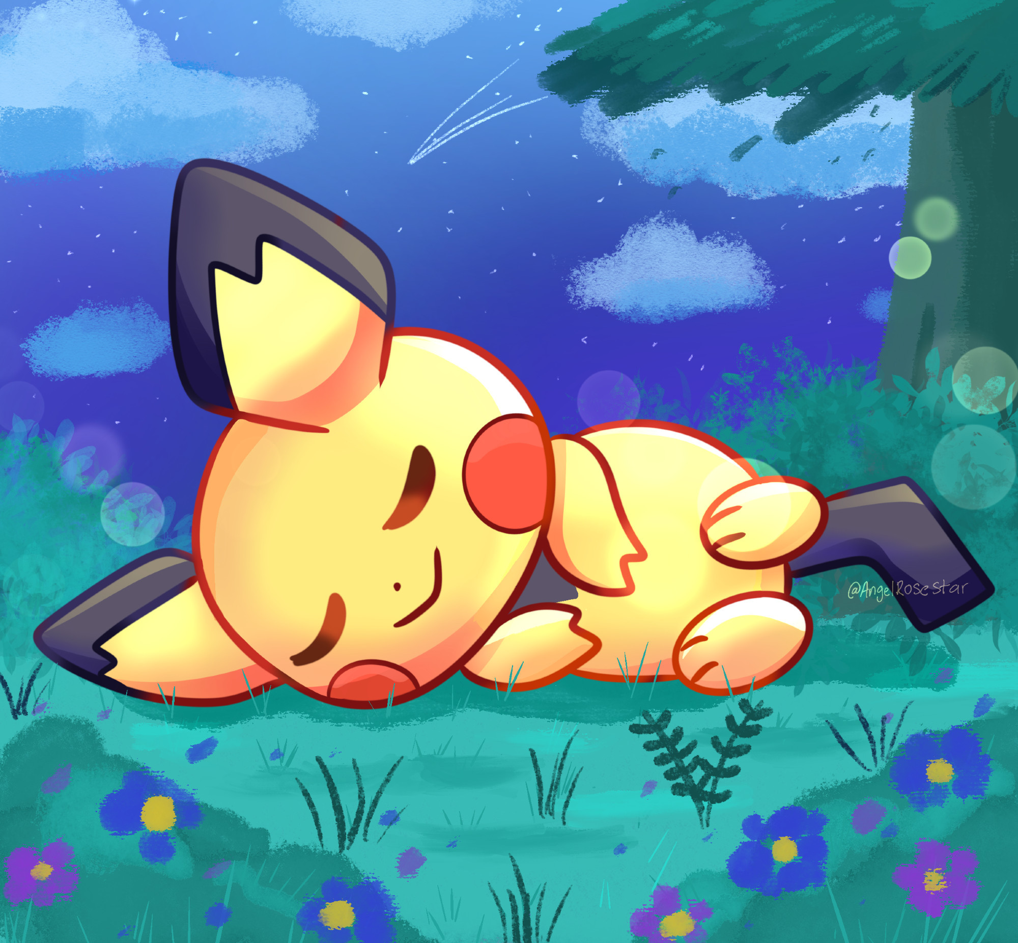 Pichu is sleeping in the grassy area with flowers from pokemon