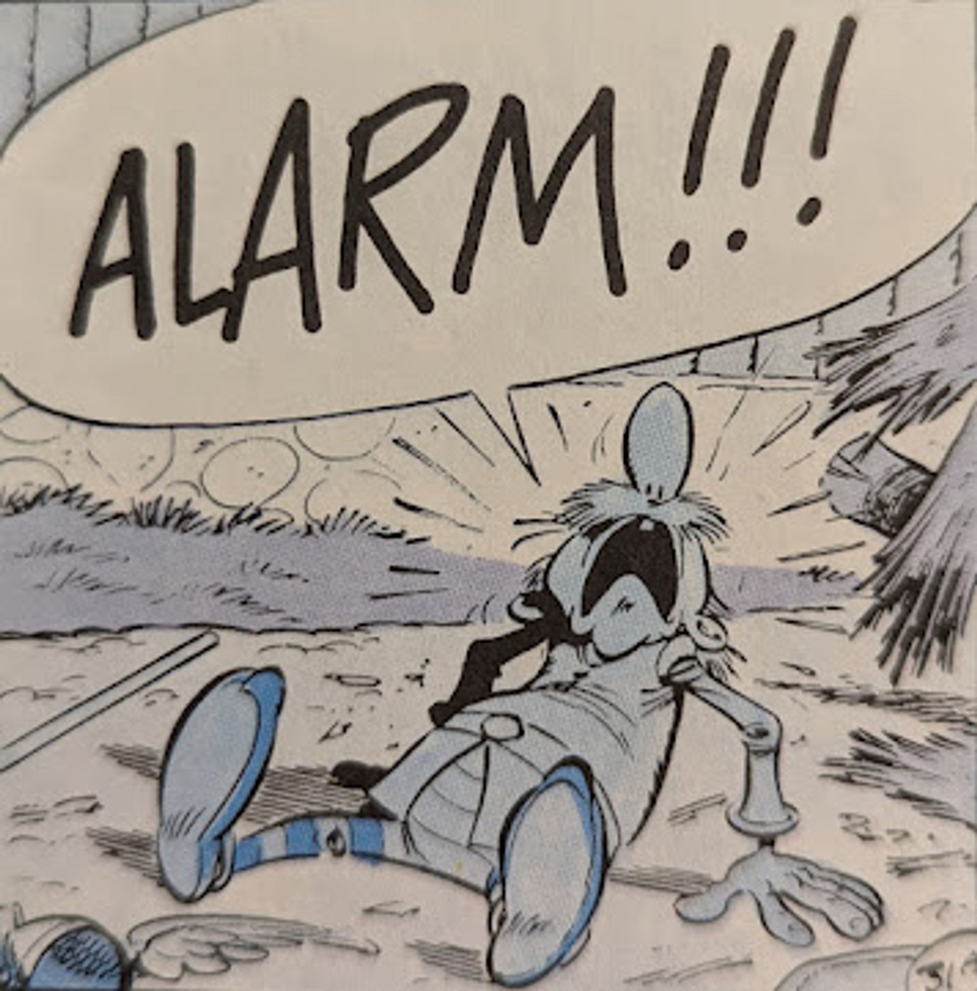 Comic-Panel eines am Boden liegenden Bauern der "ALARM!!!" schreit.