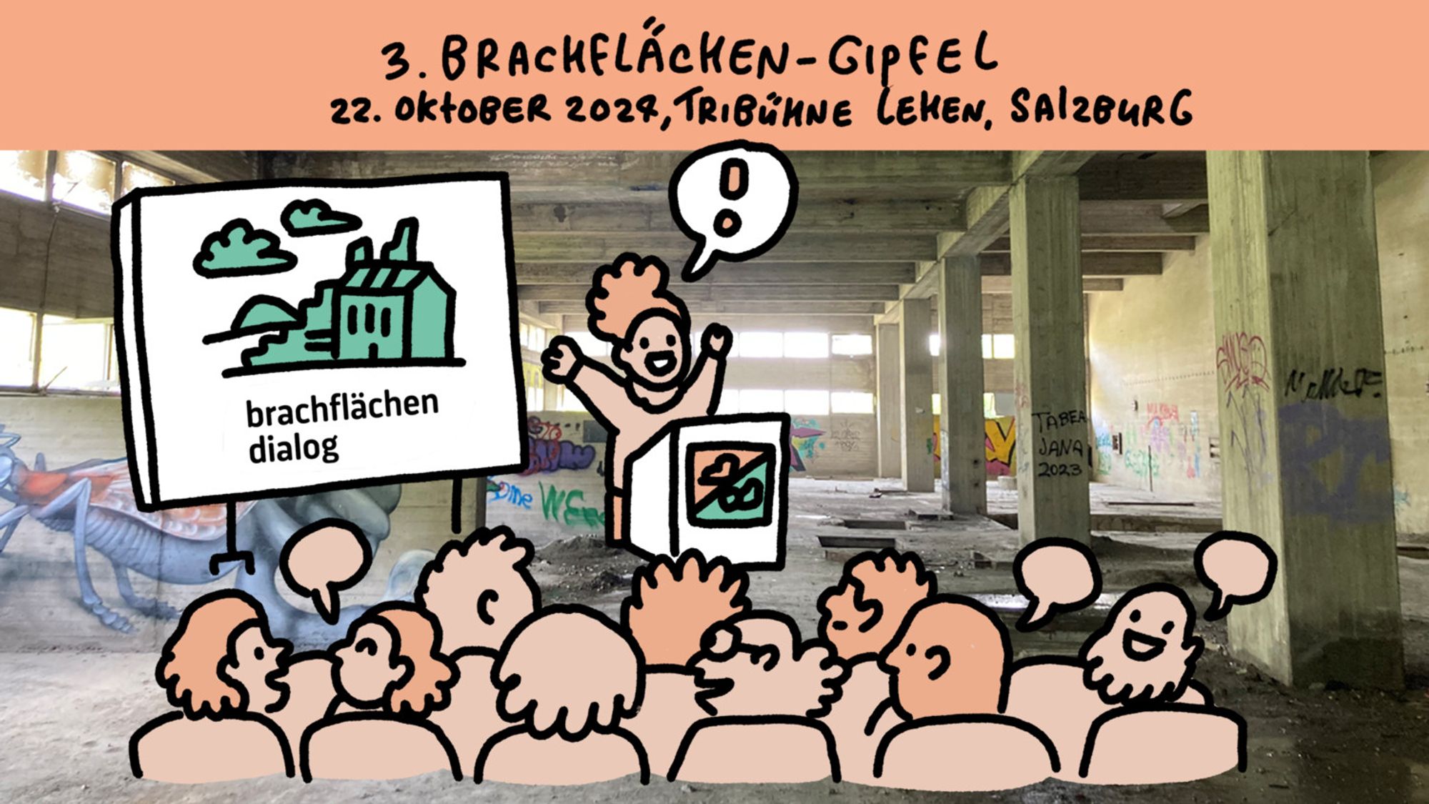 Poster Dritter Brachflächen Gipfel mit illustrierter Konferenzsituation vor Hintergrund einer Industrieruine