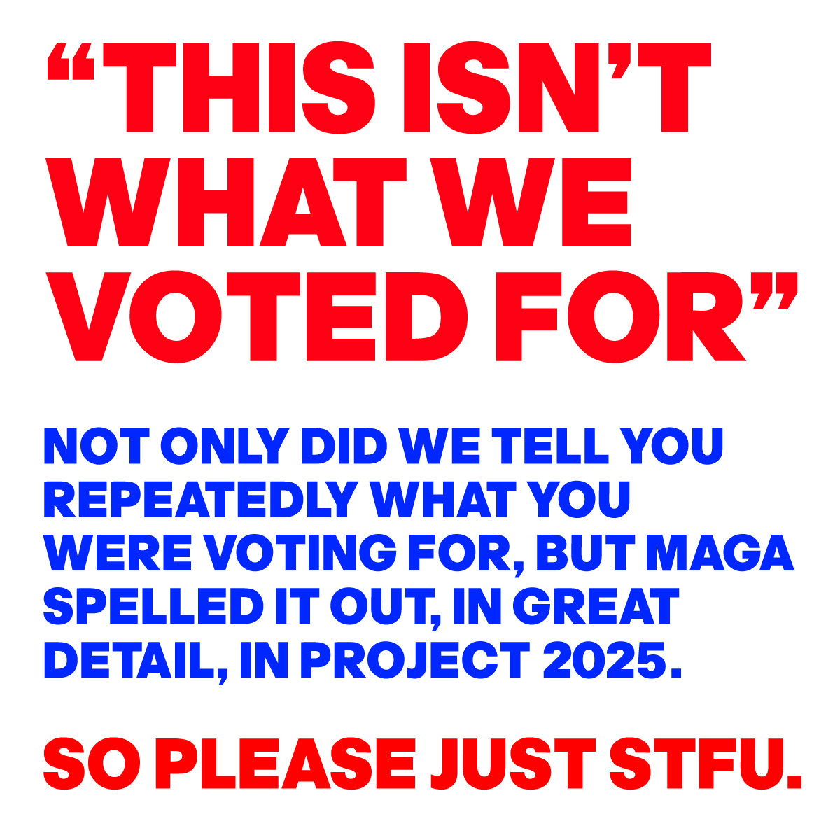 "This isn't what we voted for": Not only did we tell you repeatedly what you were voting for, but maga spelled it out, in great detail, in project 2025. So please just STFU.