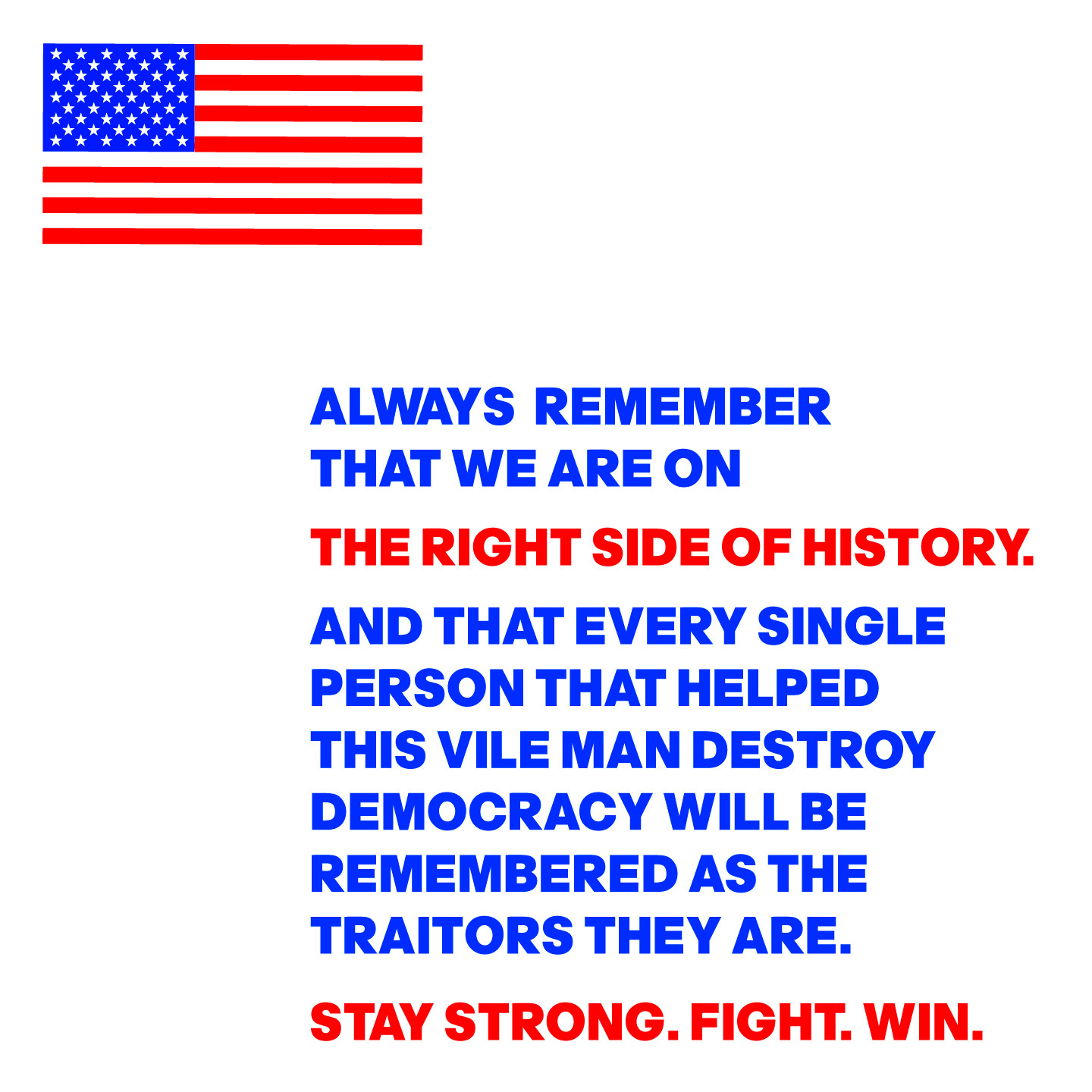 The American flag with the words: Always remember that we are on the right side of history and that every single person that helped this vile man destroy democracy will be remembered as the traitors they are. Stay strong. Fight. Win.