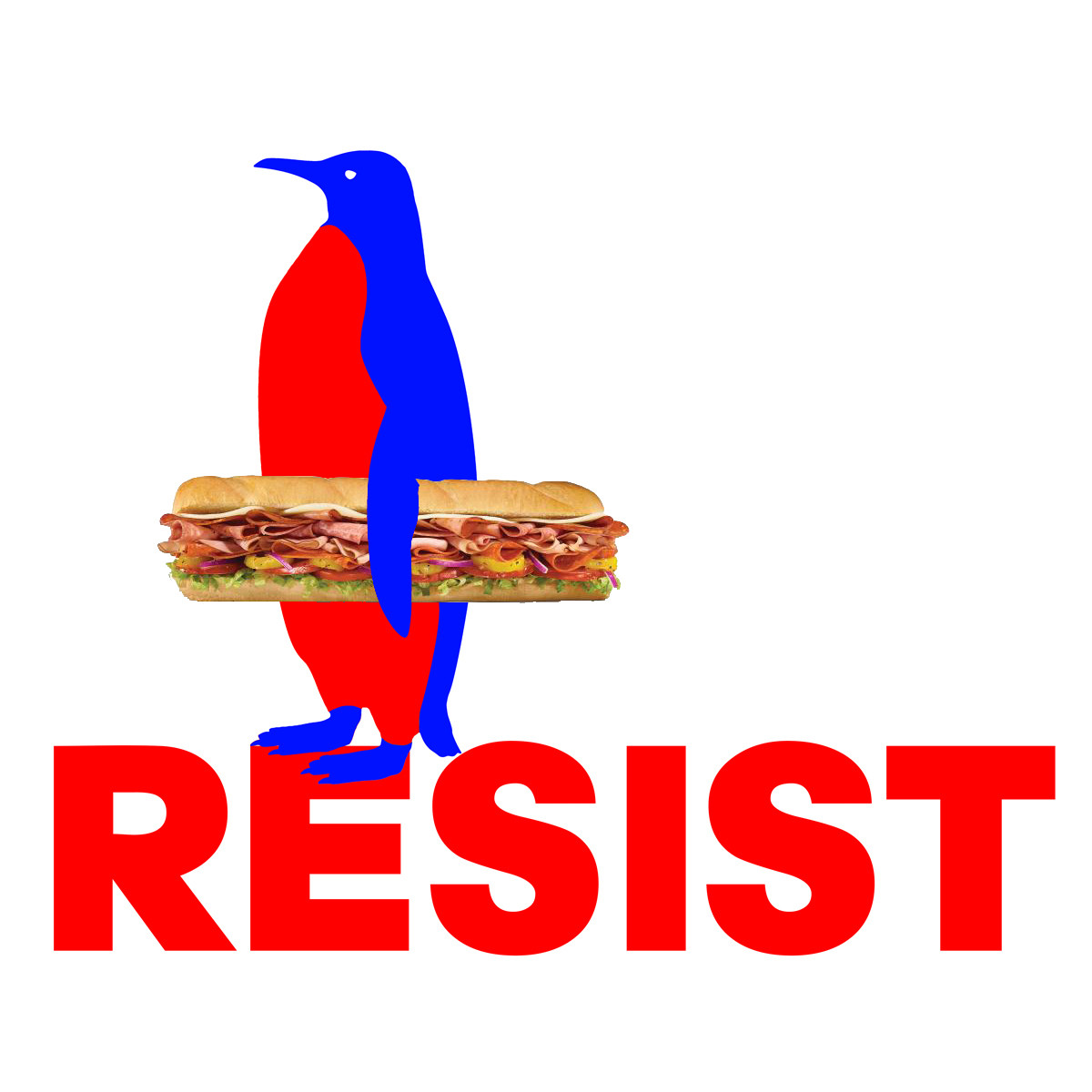 A penguin holding a sandwich standing on the word 'RESIST'.
