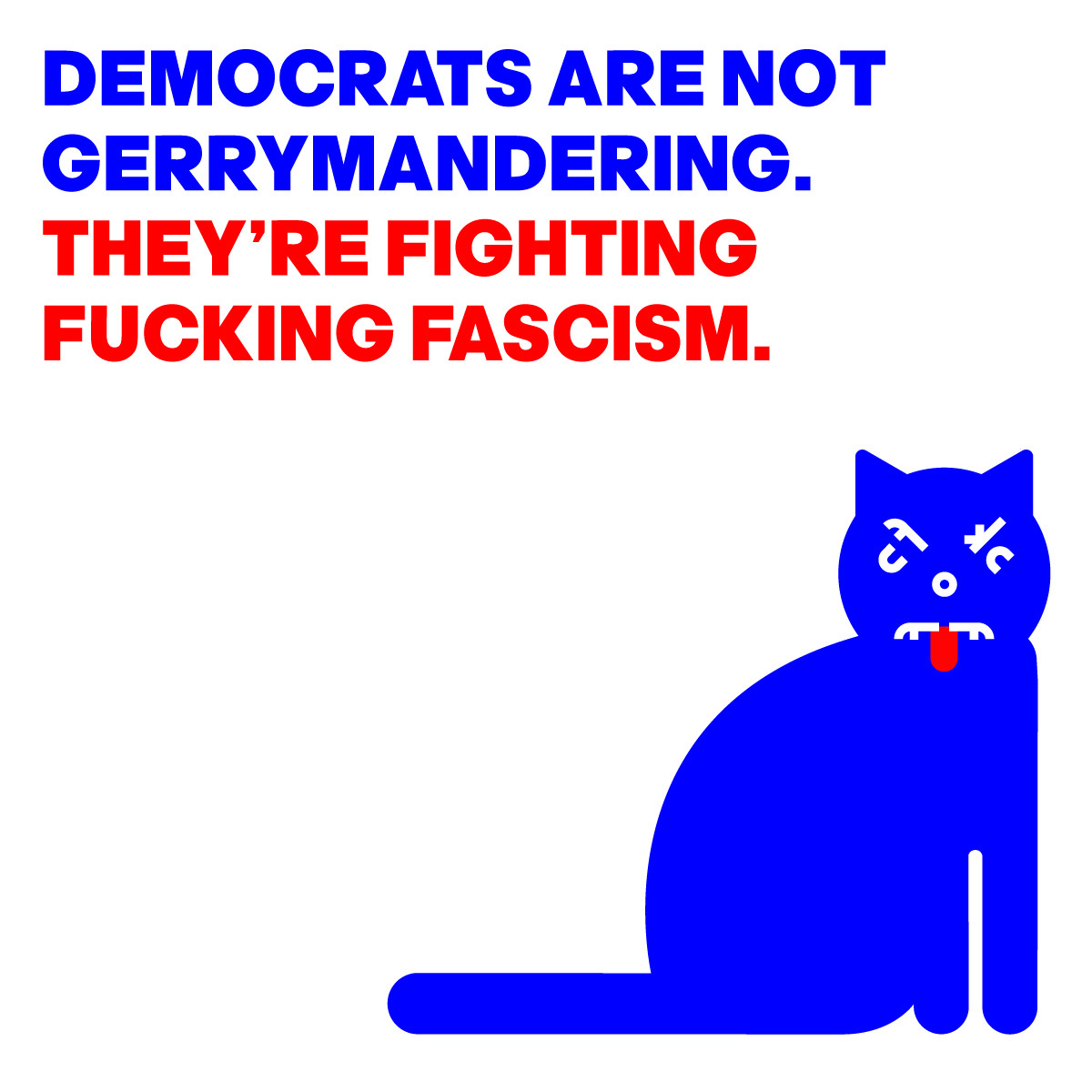 IMAGE OF AN ANGRY CAT WITH THE WORDS: DEMOCRATS ARE NOT GERRYMANDERING. THEY'RE FIGHTING FUCKING FASCISM.