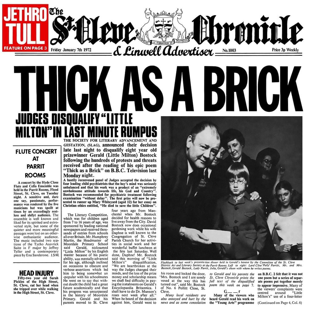 St. Cleve Chronicle newspaper front page mock-up. Cover of Jethro Tull's Thick As A Brick.