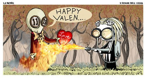 Shows Roman Dirge's Lenore The Cute Little Dead Girl responding to Mr. Gosh's Valentine offering with an active flamethrower.