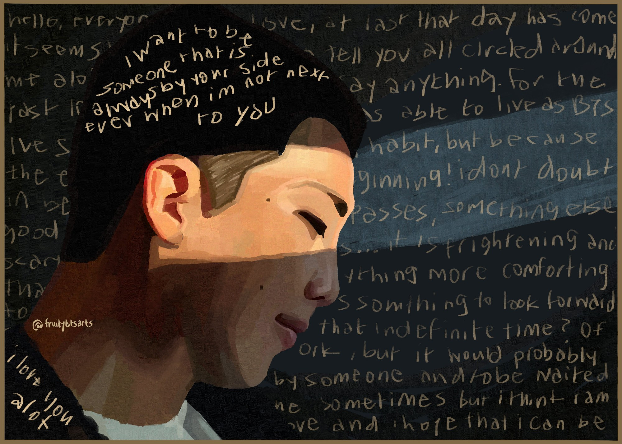 side profile of namjoon with his eyes closed and a small smile. a light ray illuminates a small section of the image. the image is covered with writing- a message that namjoon left on weverse before leaving to the m1lit@ry. 