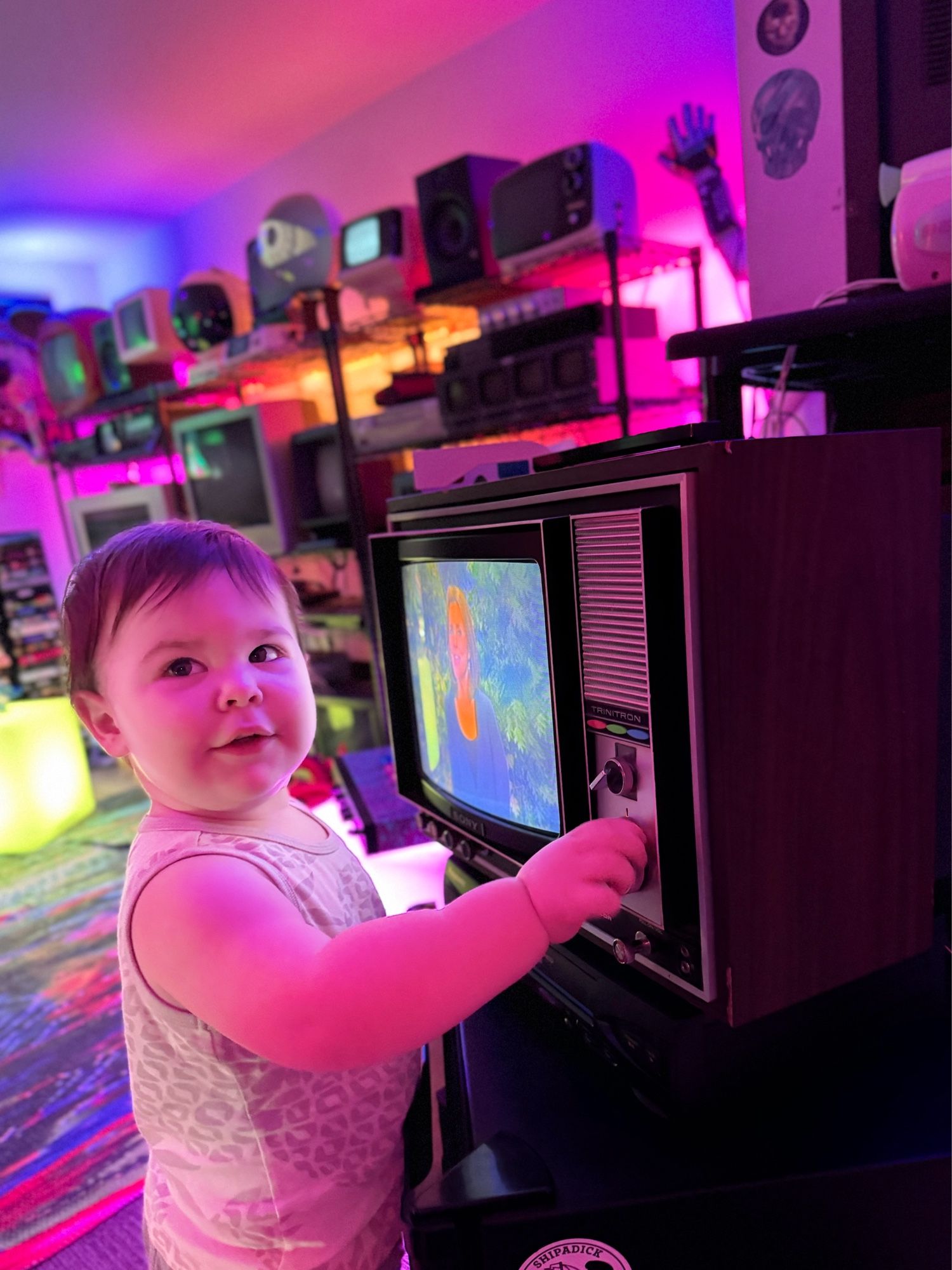 It is our large son iO, who is 21 months old, delighted by the knobs on my 1969 Trinitron television, which I have patched a Roku into so when he visits Dad’a office (which he is obsessed with) he can watch Sesame Street the way it was originally intended