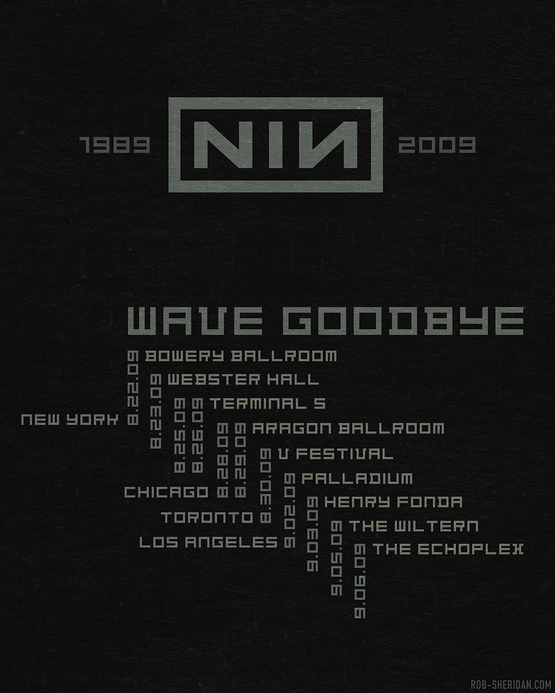 T-shirt designs by Rob Sheridan for the Nine Inch Nails Wave Goodbye 2009 tour.