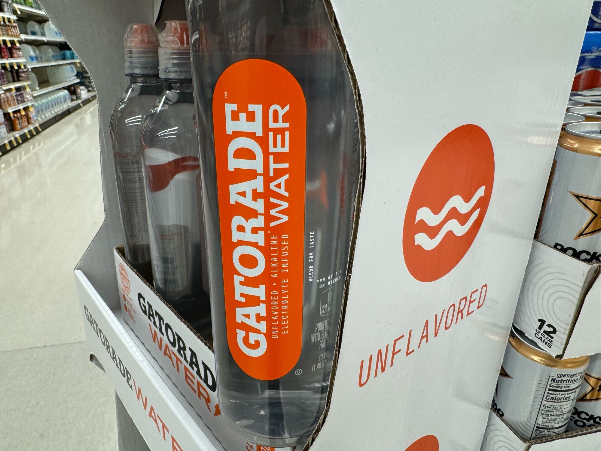 It is a store display for bottles of “Gatorade Water,” a clear liquid proudly advertised as “unflavored.” Which is water. They made water.